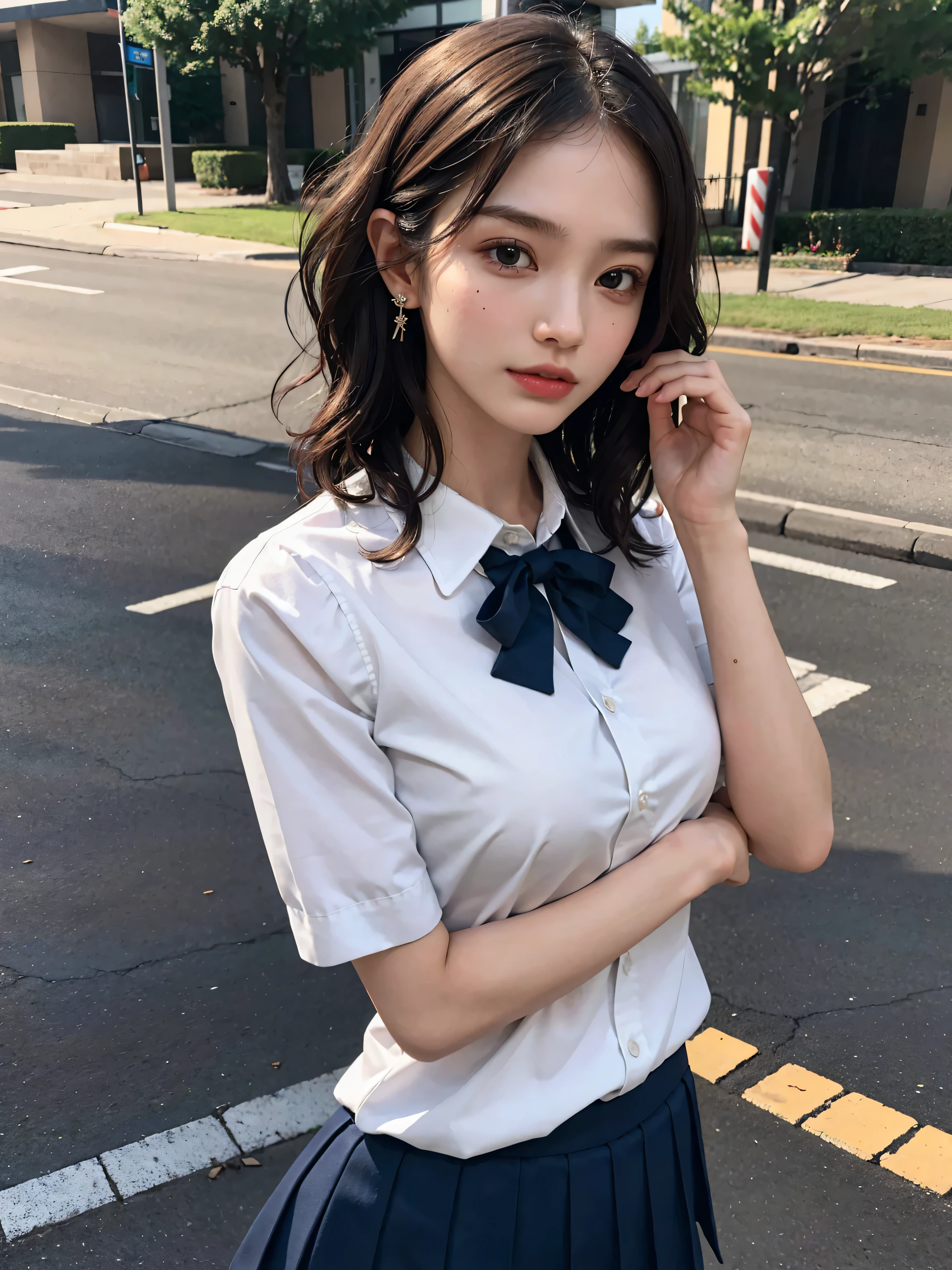 top-quality, masterpiece, 8K, 超A high resolution, (Photorealsitic:1.4), 1girl in、Beautiful expression、symmetrical eye、Colossal tits、Perfect body proportion、policewoman、Unbutton the chest、Look at viewers、(the city street:1.2)、long legged(1.3)、a miniskirt