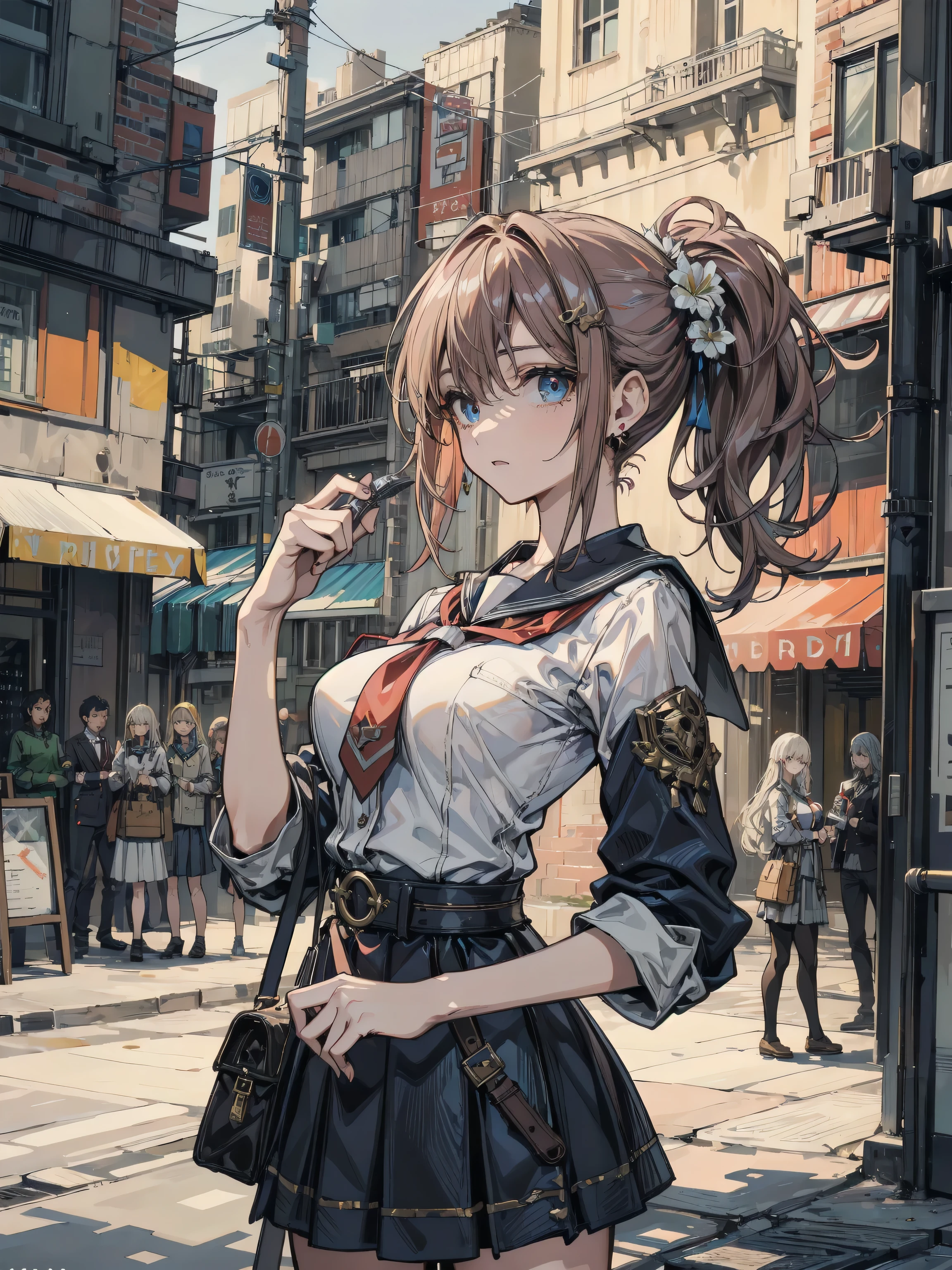 Anime girl in a short skirt and blouse standing on a city street ...