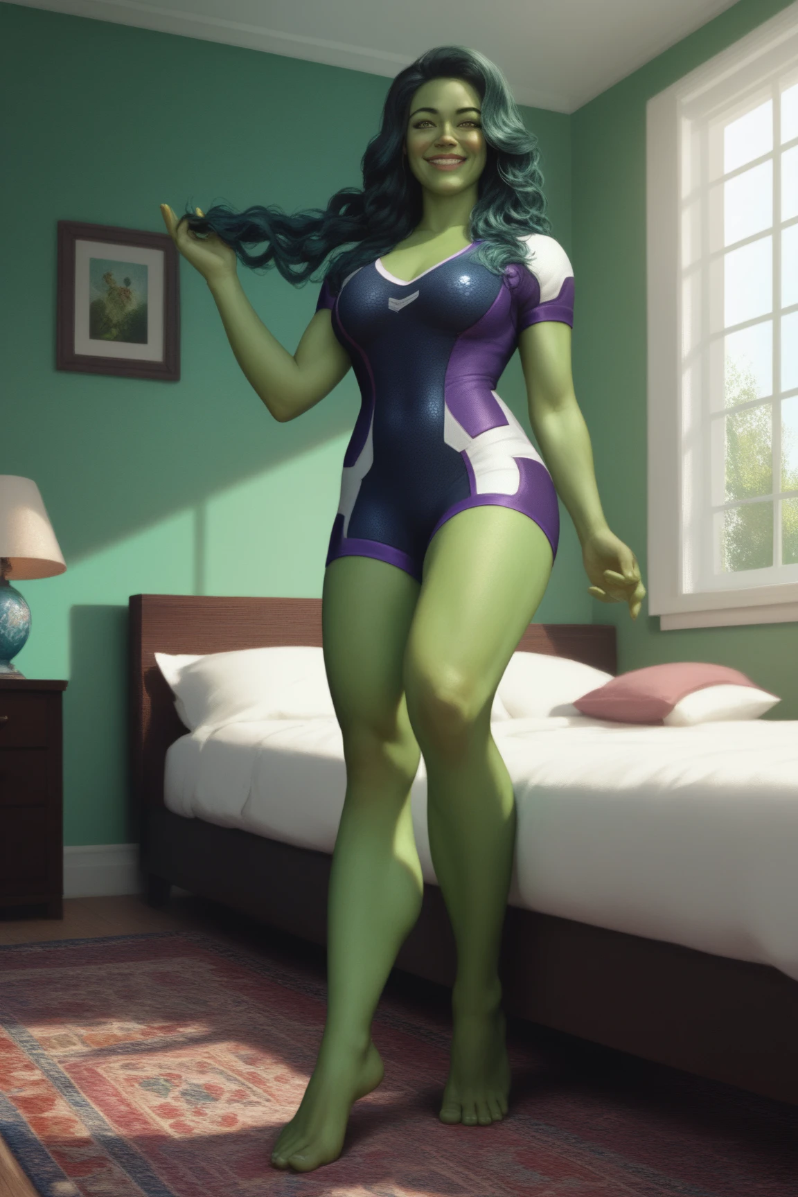1 garota, Perfect Lighting, Motor irreal, rosto detalhado, pele brilhante, fundo simples, fundo escuro, big breasts, wide hips, thick legs, spandex blue swimsuit, Green skin, hottie, Full body, barefoot, feet, beautiful legs, hottie