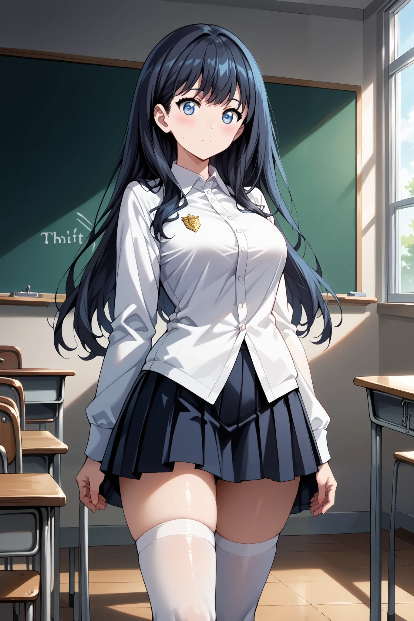 score_9, score_8_up, score_7_up, source_anime, 4K,perfect fingers,(perfect hands, perfect anatomy),prefect lighting, very aesthetic, intricate details,highly detailed background, masterpiece, high quality, best quality,
rikka takarada, black hair, blue eyes, long hair, large breasts,,
wearing ((white thig Skirt,white thighhighs,)),
standing, (in the crowded classroom:1.4) ,