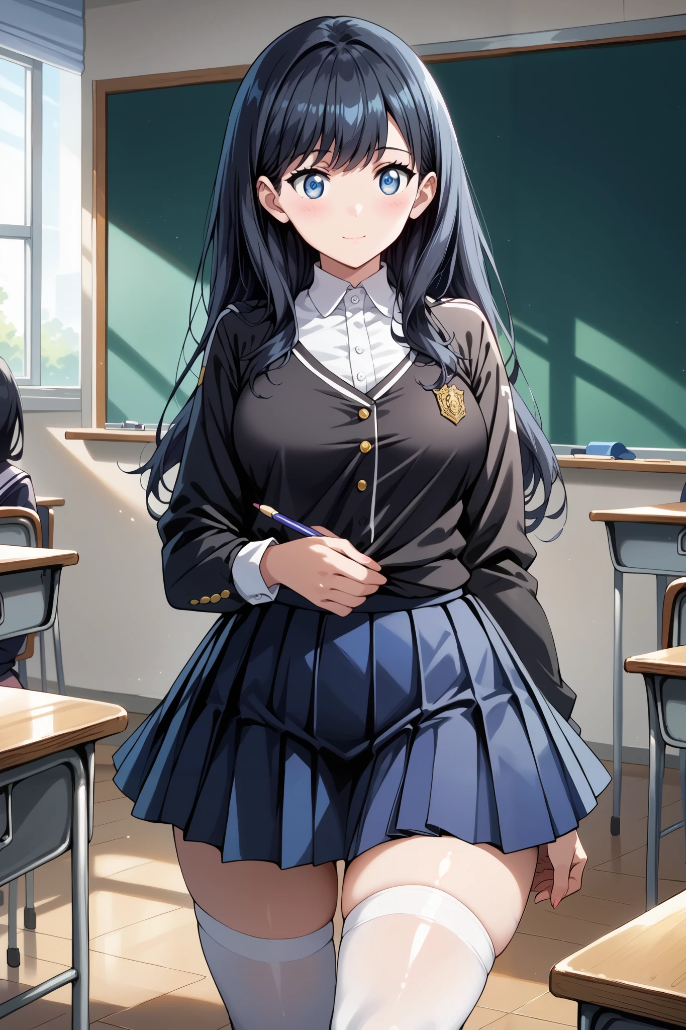 score_9, score_8_up, score_7_up, source_anime, 4K,perfect fingers,(perfect hands, perfect anatomy),prefect lighting, very aesthetic, intricate details,highly detailed background, masterpiece, high quality, best quality,
rikka takarada, black hair, blue eyes, long hair, large breasts,,
wearing ((white thig Skirt,white thighhighs,)),
standing, (in the crowded classroom:1.4) ,