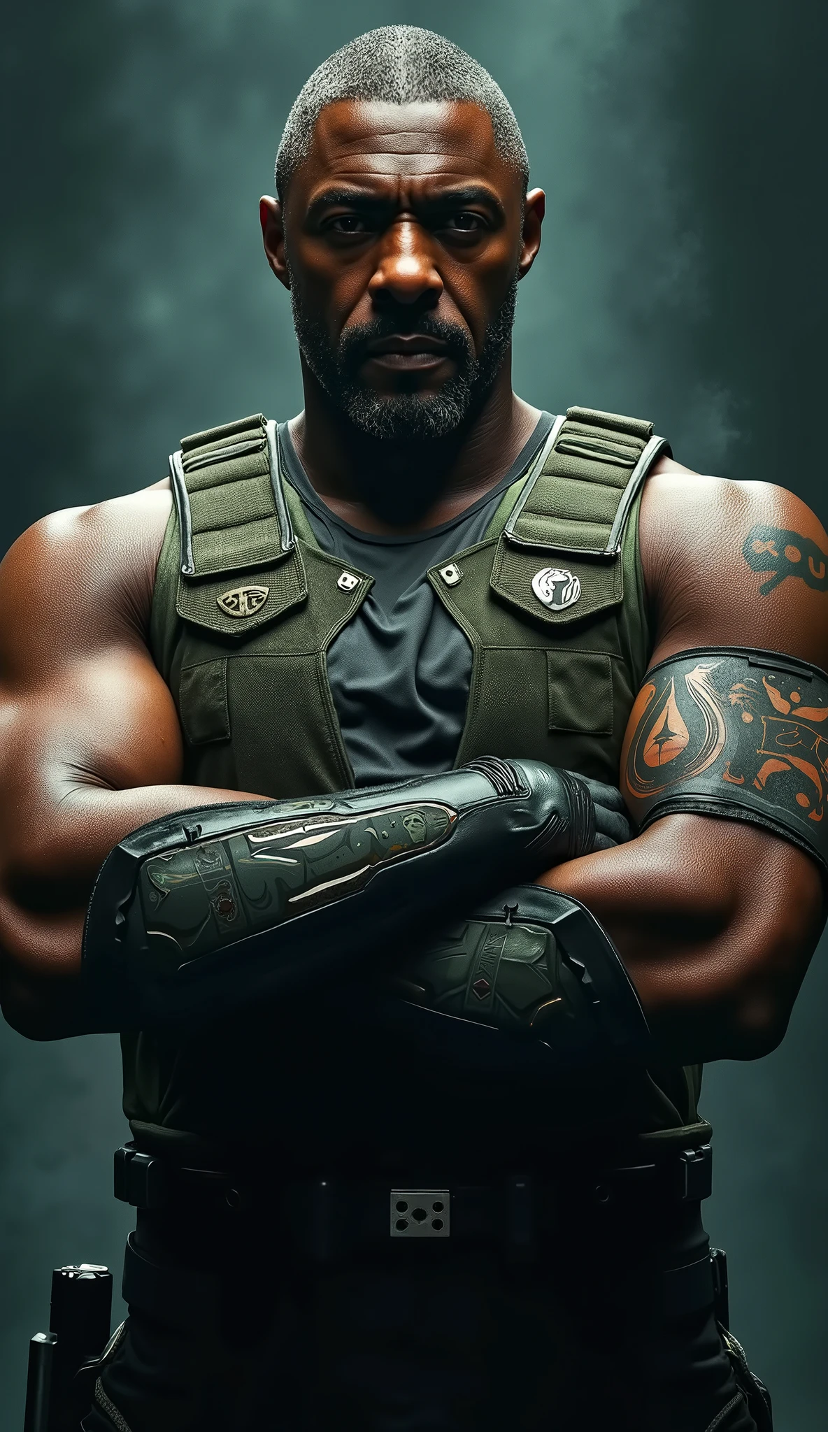 barret, dark skin male with gun arm and tattoo, sunglasses, shirtless , (( micro-Thongs )) ,