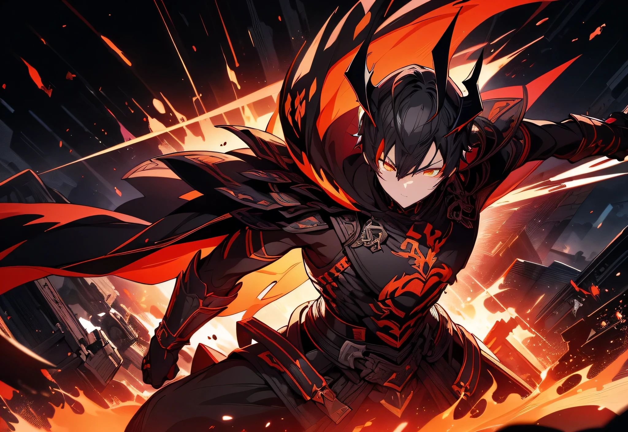 A deadly specter clad in sleek black armor emerges from the inferno, Hd Desain, twin katanas slicing through the chaos with precision. His glowing crimson eyes pierce the veil of destruction, embodying the ferocity and elegance of an unstoppable force. Trails of fiery orange and electric blue streak through the battlefield, as though the flames and shadows themselves bow to his will. This enigmatic warrior, cloaked in both mystery and fire, strikes with the speed of a tempest, a living testament to the balance of power and finesse.