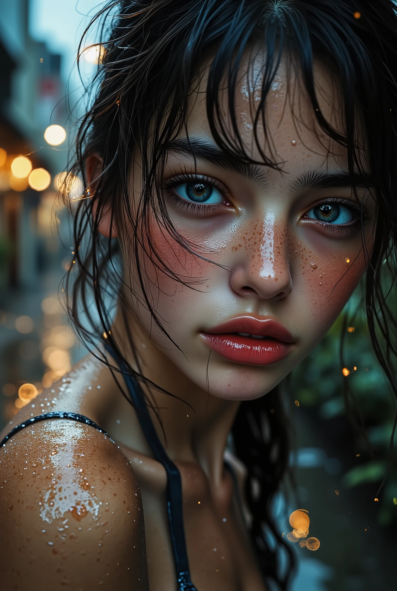  [Style: "masterpiece, realistic, Photorealistic realism, Hyper high resolution" - "(Hyper quality, intricate ultra-detailed digital art)"](Key Directive: "Ultra-sharp human eyes with biological accuracy"){ Character: "20-year-old Caucasian woman" | Face: - "wet, rain drops, very dripping water, wet skin, wet shiny skin (subsurface scattering: 1.3), full lips (vertical lip wrinkles:0.7)" - "Eyes: (acid-resistant terminology) (macro-details:1.6): Moist corneal surface (visible aqueous layer:1.0) (Hyper-detailed iris, super sharp clarity ((brown)) with gold flecks) Precise limbal ring (slightly darker pigmentation:1.5) ((Pupil micro-texture (irregular edge authenticity:1.5)))" | Technical Specs: (Optics: - "Zeiss Otus85mm f/1.4 lens)" - "Shutter Speed:1/500 (freeze eye micro-movements)") (Post-Processing: "Selective sharpening: (eyes200%, hair80%") - "Denoise: luminance 80, color 40 (retain corneal specular)") | [Hair: "((blue, hair straightened by rain, very wet)), down to the neck (wet heavy rain, soaked, dripping with water, creating light reflections: 0.9)]" | Pose: "dynamic walking stance, hips slightly tilted'' Outfit: [Top: "hot micro bikini (holographic, extremely detailed)"] [Bottom: "short denim shorts ((tight, smooth))"] Environment: "dark rain clouds in the sky, dripping heavy rain (in the evening)" - "((park alley in rainy weather (She is all wet, everything is wet and slippery from the pouring rain, water is running down her body and her hair is very wet:1.5)))" | Lighting: - "(Cinematic clarity and glowing street lights)" - "(Rim light from streetl ights:0.5)" "Specifications: (DPF: "deep, f/1.8, distinct garden in the background") (Post-production: "chromatic aberration: 0.8") (Rendering engine: "Unreal Engine 5 path tracing, 16K texture maps") }