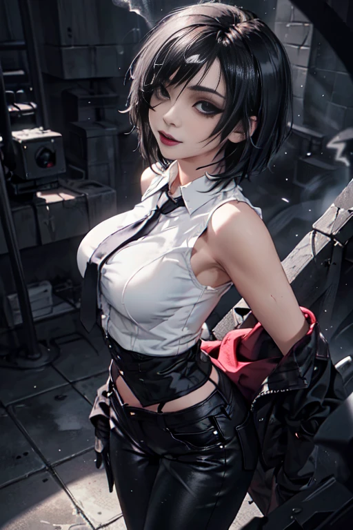 warMercedes, short hair ,glossy lips ,team rocket uniform, red letter R, white skirt,white crop top,black thigh-high boots, black elbow gloves, looking at viewer, cowboy shot