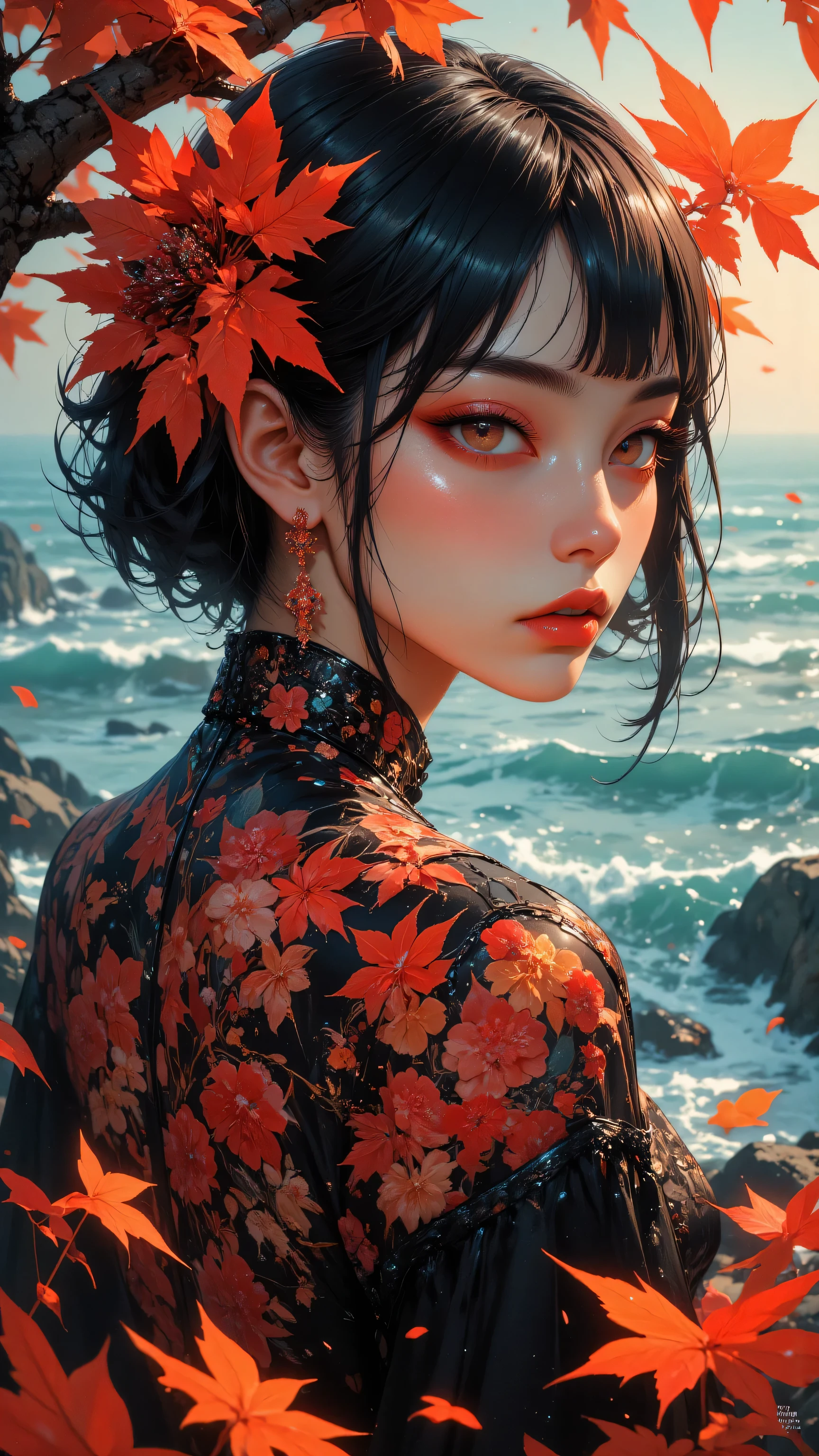 Anime girl with red leaves in her hair and a black dress - SeaArt AI