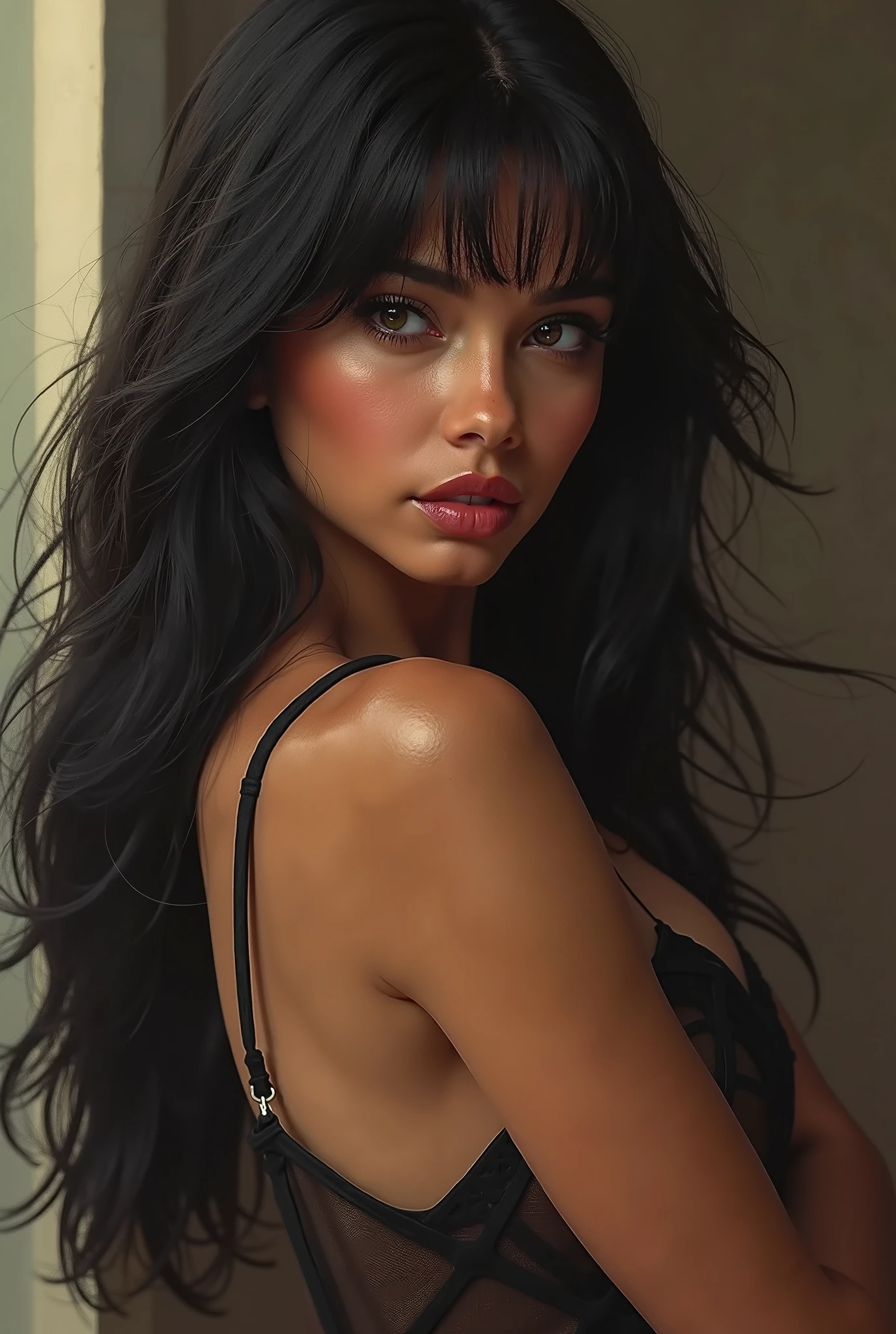 black hair 19 years old girl, sexy, confident, skinny, seductive girl, gorgeous romanian face, (highly detailed face), dark black hair, nikon d850, film stock photograph ,4 kodak portra 400 ,camera f1.6 lens ,rich colors ,hyper realistic ,lifelike texture, dramatic lighting , cinestill 800