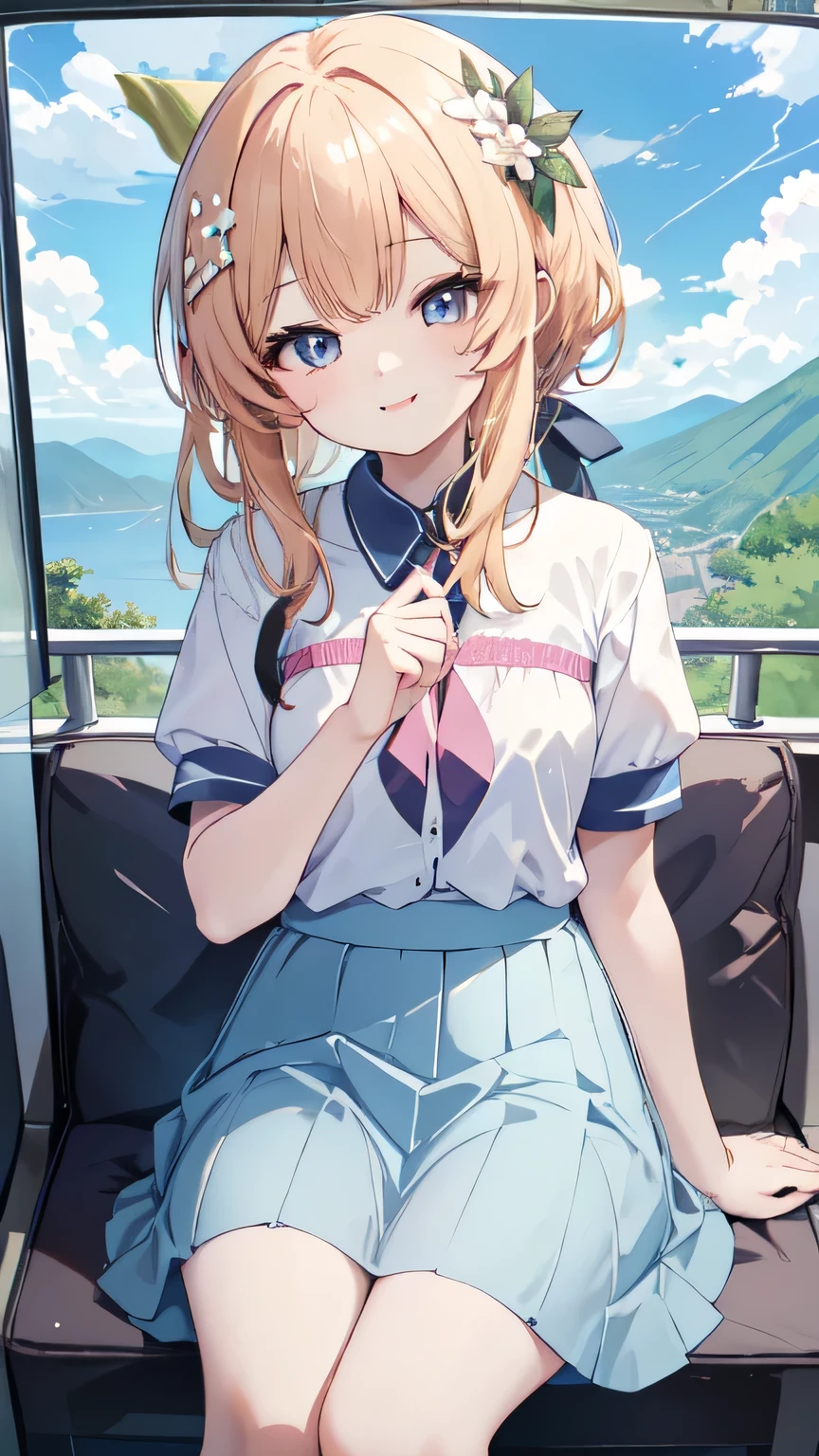top quality、 masterpiece、super high resolution、8k、Summer Sky 、Early summer 、(( short sleeve 、short skirt from Par))、1 person、Soft Line Art、Soft Drawing、Beautiful hair、((Lori))、 Clear Eyes 、((Playful Smile))、super high resolution 얼굴 묘사、The gaze is on us、top quality色、Hand gestures 、Angle where you can see everything from toe、Natural scenery
