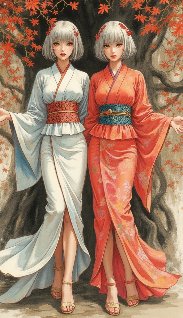 superflat, flat colors, 2girls, 19yo, slim, (medium breast), short bob dark hair, (ornate green leaves kimono), topless, nipple, standing, shy, autumn leaves, yellow, golden, autumn forest, vibrant colors, psychedelic, vibrant, bright, watercolor, (naked:1.3), (nude:1.3)