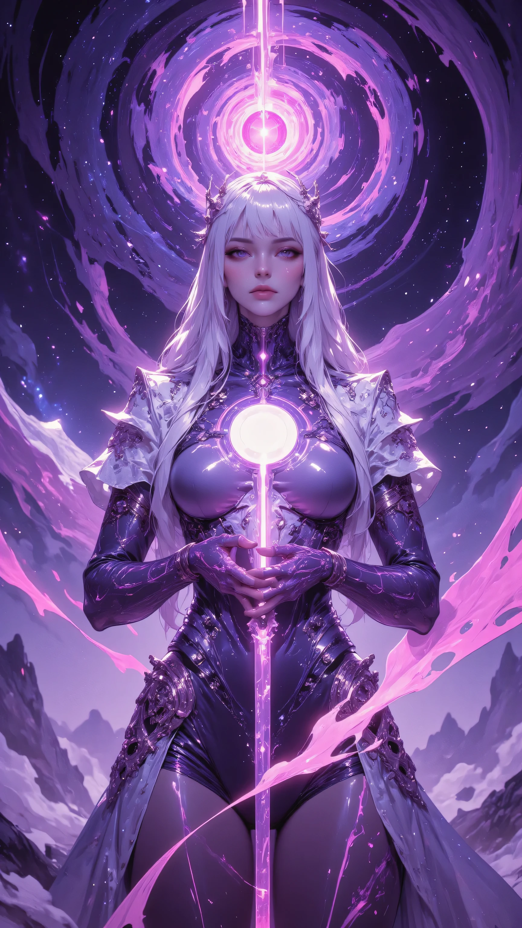 A woman with a sword in her hands stands in front of a spiral vortex ...