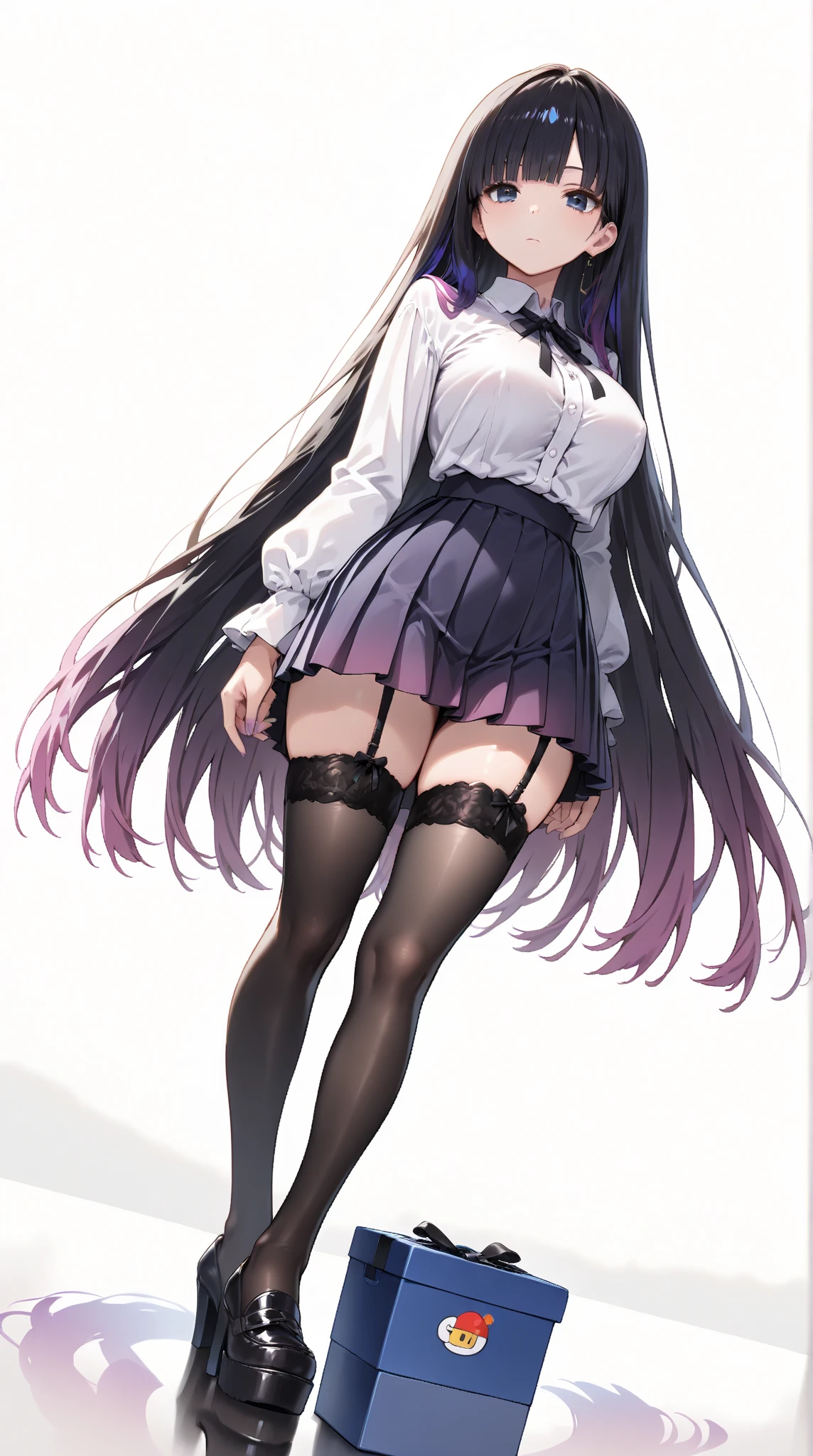 (( she's wearing a plaid, oversized, checkered shirt. it hangs just below her hips and drapes over her breasts. it's quite loose, so you can't see the curves of her body very well. it is only slightly longer than her skirt; which is a black, tartan-print, pleated skirt. the skirt reaches just above her thighs. her tights are black and she's wearing knee-high boots with laces. she's wearing black eyeliner and lip stain, and some dark eye shadow. ))