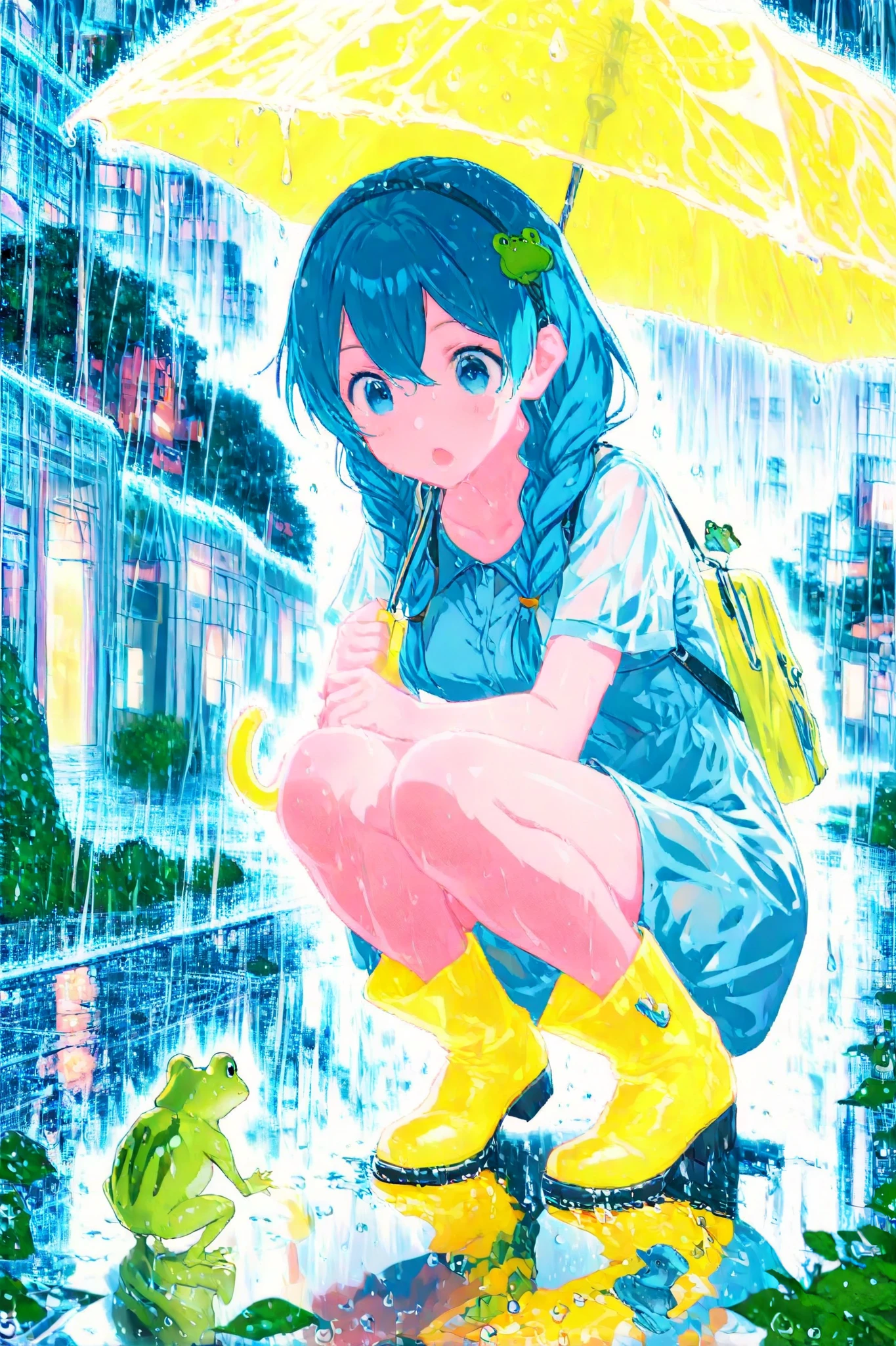 ((3 frogs)), girl overlooking flogs, twin braids, blue hair tie, gradient mackintosh, yellow rain boots, yellow umbrella, raindrops falling around her, puddles on ground, surprise and fun, rainy cityscape with puddles, detailed face and eyes, detailed background, (best quality, masterpiece, high quality, extremely detailed CG unity 8k wallpaper, intricate details),