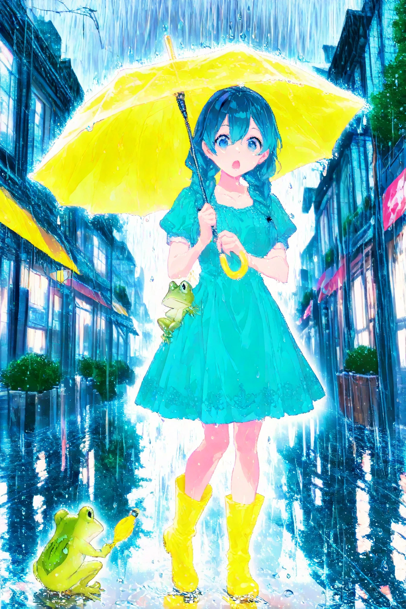 ((3 frogs)), girl overlooking flogs, twin braids, blue hair tie, gradient mackintosh, yellow rain boots, yellow umbrella, raindrops falling around her, puddles on ground, surprise and fun, rainy cityscape with puddles, detailed face and eyes, detailed background, (best quality, masterpiece, high quality, extremely detailed CG unity 8k wallpaper, intricate details),