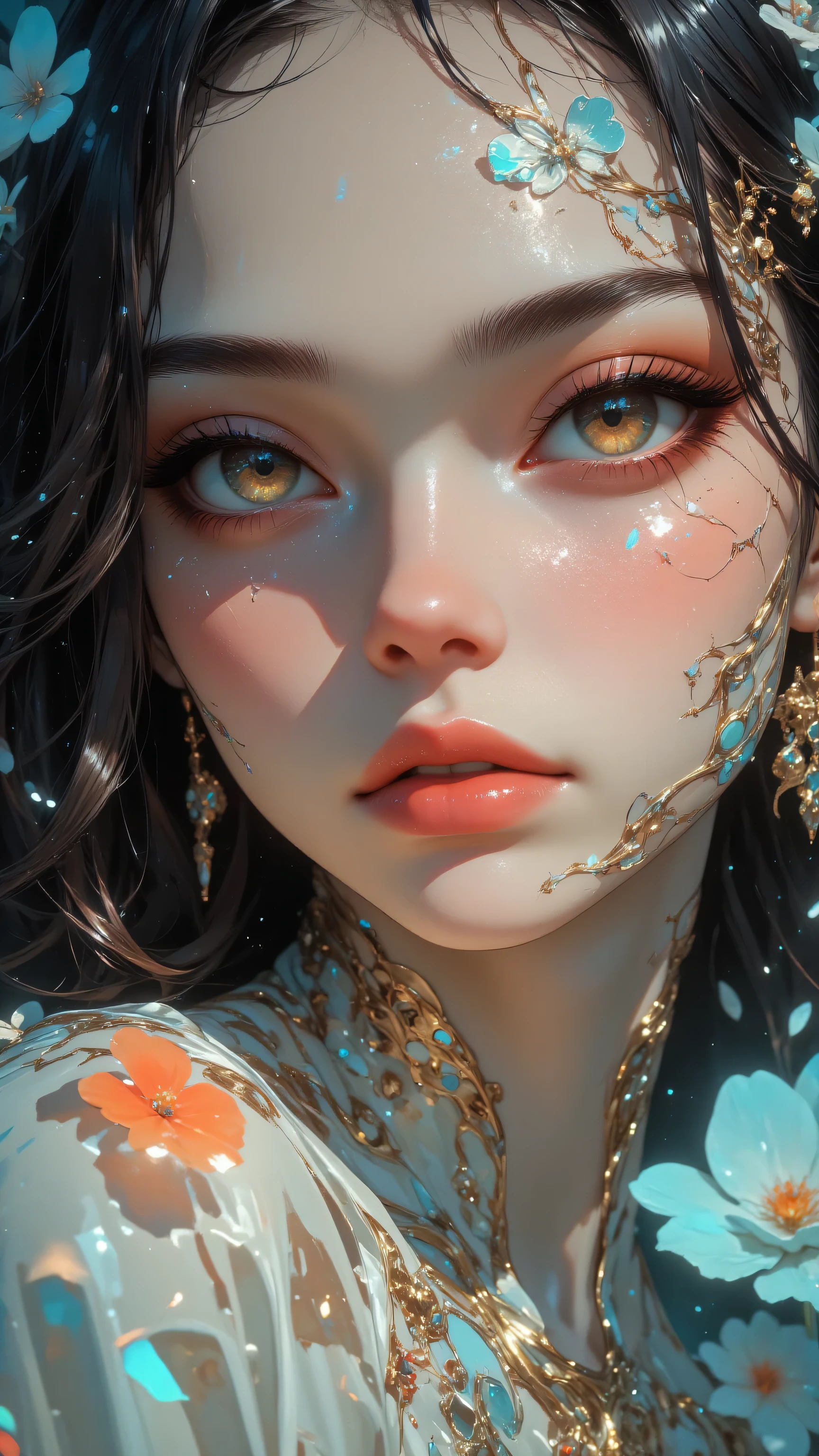 Anime girl with blue eyes and gold jewelry in a floral dress - SeaArt AI