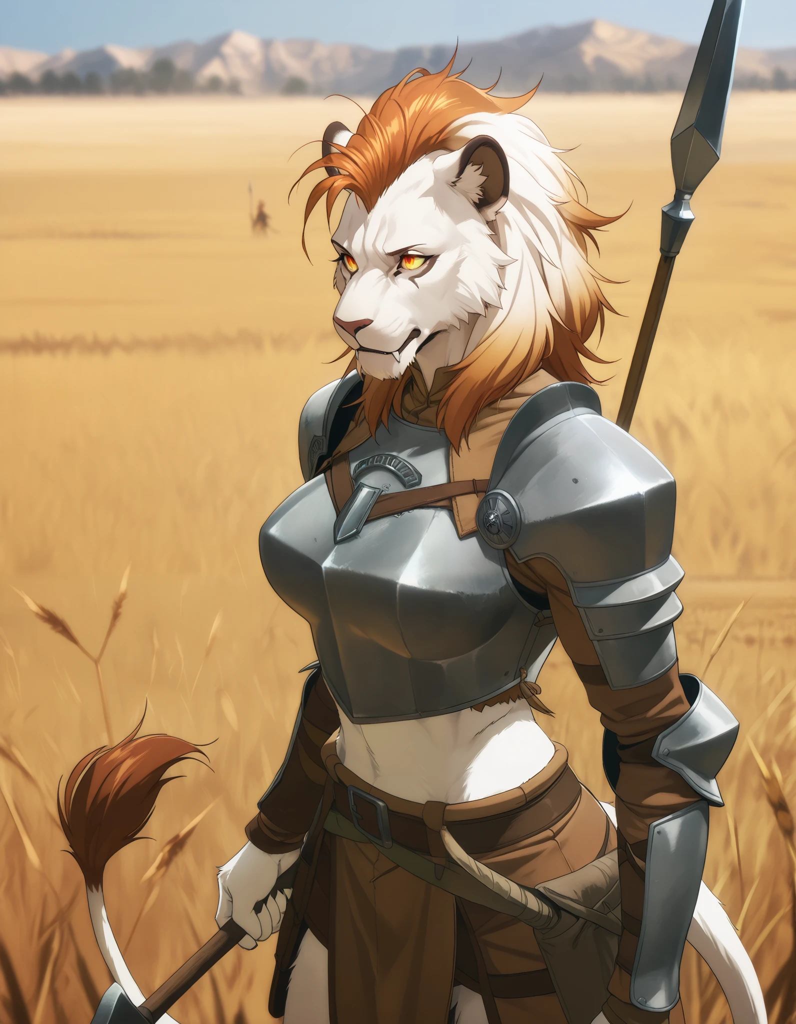 score_9, score_8_up, score_7_up, score_6_up, score_5_up, score_4_up, ((Anime)), best quality, Antro, LIONESS Woman, LIONESS hybrid, stunningly beautiful woman, (WHITE FUR LIONESS), (Orange gradient eyes), vivid colors, ((WHITE FUR skin)), (WHITE fur:1.1), ((LIONESS tail)), FANGS, mohawk hair, powerful, mysterious, strong musculature, sexy, wearing armor, armored shoulders, leather armor straps, at the PLAINS trail, outdoors, in the ((Savannah)), pointy chest, perky tits, depth of field, cinematic, soft light, (detailed eyes), detailed iris, antro, perfect eyes, antro, tail, fur for skin, antro, (plateau, break wasteland), (anthro female_lion:1.2), lioness, lion_breasts, ((Holding Spear)),
