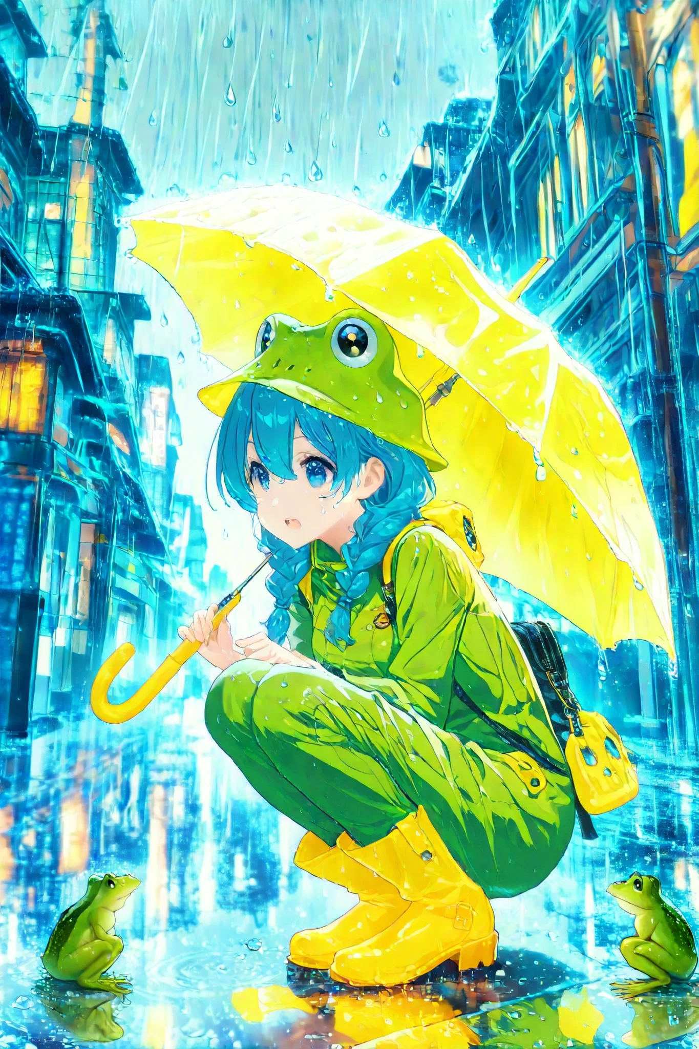 ((3 frogs)), girl overlooking flogs, twin braids, blue hair tie, gradient mackintosh, yellow rain boots, yellow umbrella, raindrops falling around her, puddles on ground, surprise and fun, rainy cityscape with puddles, detailed face and eyes, detailed background, (best quality, masterpiece, high quality, extremely detailed CG unity 8k wallpaper, intricate details),
