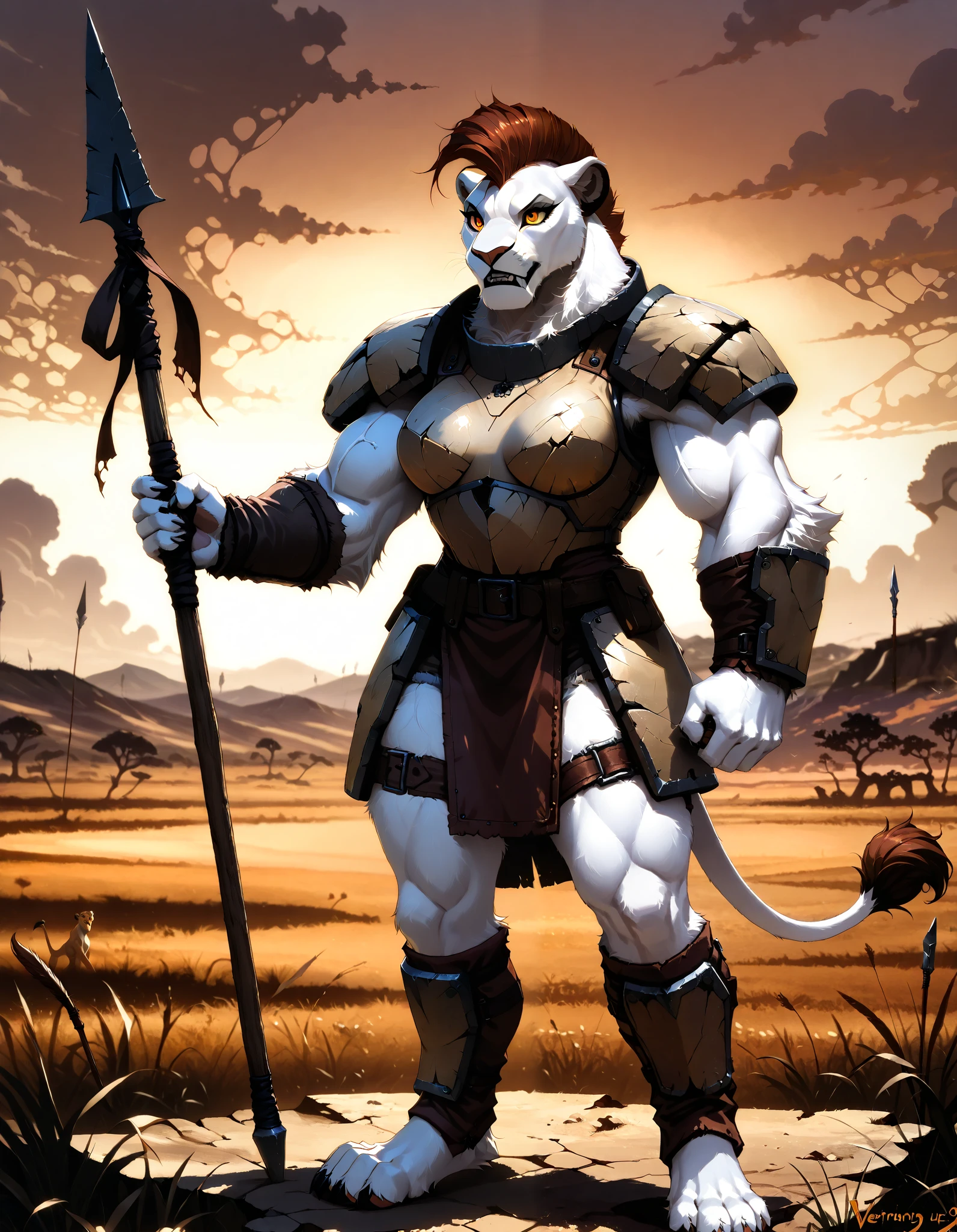 score_9, score_8_up, score_7_up, score_6_up, score_5_up, score_4_up, ((Anime)), best quality, Antro, 1girl, beautiful LIONESS Woman, LIONESS hybrid, stunningly beautiful woman, (WHITE FUR LIONESS), (Orange gradient eyes), vivid colors, ((WHITE FUR skin)), (WHITE fur:1.1), ((LIONESS tail)), FANGS, mohawk hair, powerful, mysterious, ((strong musculature)), bulky, vascular, strong arms, beast, bodybuilder, sexy, wearing armor, armored shoulders, leather armor straps, at the PLAINS trail, outdoors, in the ((Sunset in the Savannah)), pointy chest, perky tits, depth of field, cinematic, soft light, (detailed eyes), detailed iris, antro, perfect eyes, antro, tail, fur for skin, antro, (plateau, break wasteland), anthro, female_lion, lioness, lion_breasts, ((Holding Spear)),