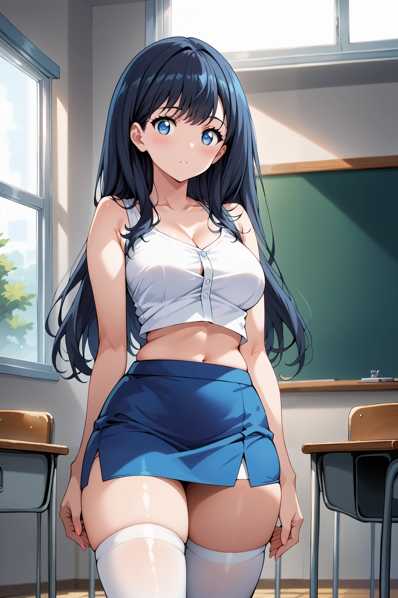 score_9, score_8_up, score_7_up, source_anime, 4K,perfect fingers,(perfect hands, perfect anatomy),prefect lighting, very aesthetic, intricate details,highly detailed background, masterpiece, high quality, best quality,
rikka takarada, black hair, blue eyes, long hair, large breasts,,
wearing ((Sexy Blue micro buttoned tank top,white mini skirt,pencil skirt,,white thighhighs,)),
standing, (in the crowded classroom:1.4) ,