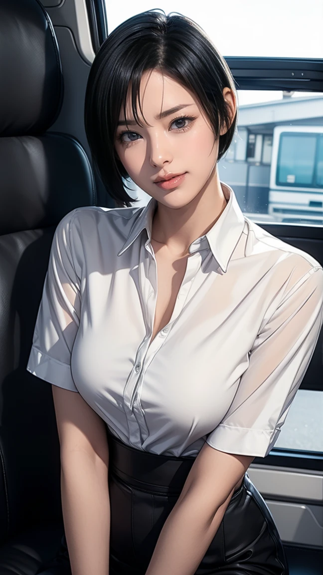 1 girl in、Business suits、a miniskirt、huge smile、Shorthair、Blatant crotch、Exposed chest、inside of a car、Outside is a residential area at night、pubick hair、