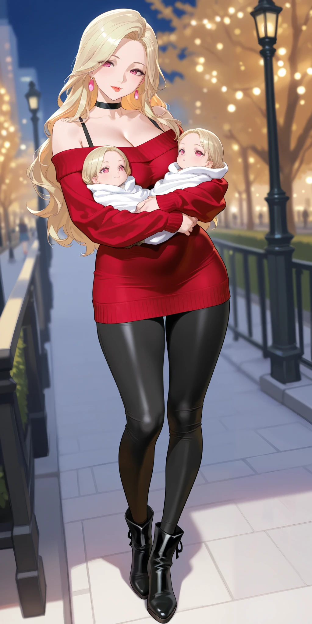 An extremely beautiful mature woman with blonde hair. She has extremely fair white natural skin, red plump lips, big pink eyes, and a perfect sexy yet slim body. She's wearing an oversized off-shoulder tube red sweater, tight black long leggings, bra straps over shoulders, earrings, a black choker, and caramel color suede ankle boots. She's standing straight, with a beautiful smile, carrying her baby in her arms, and a park in the background. Show her full body.