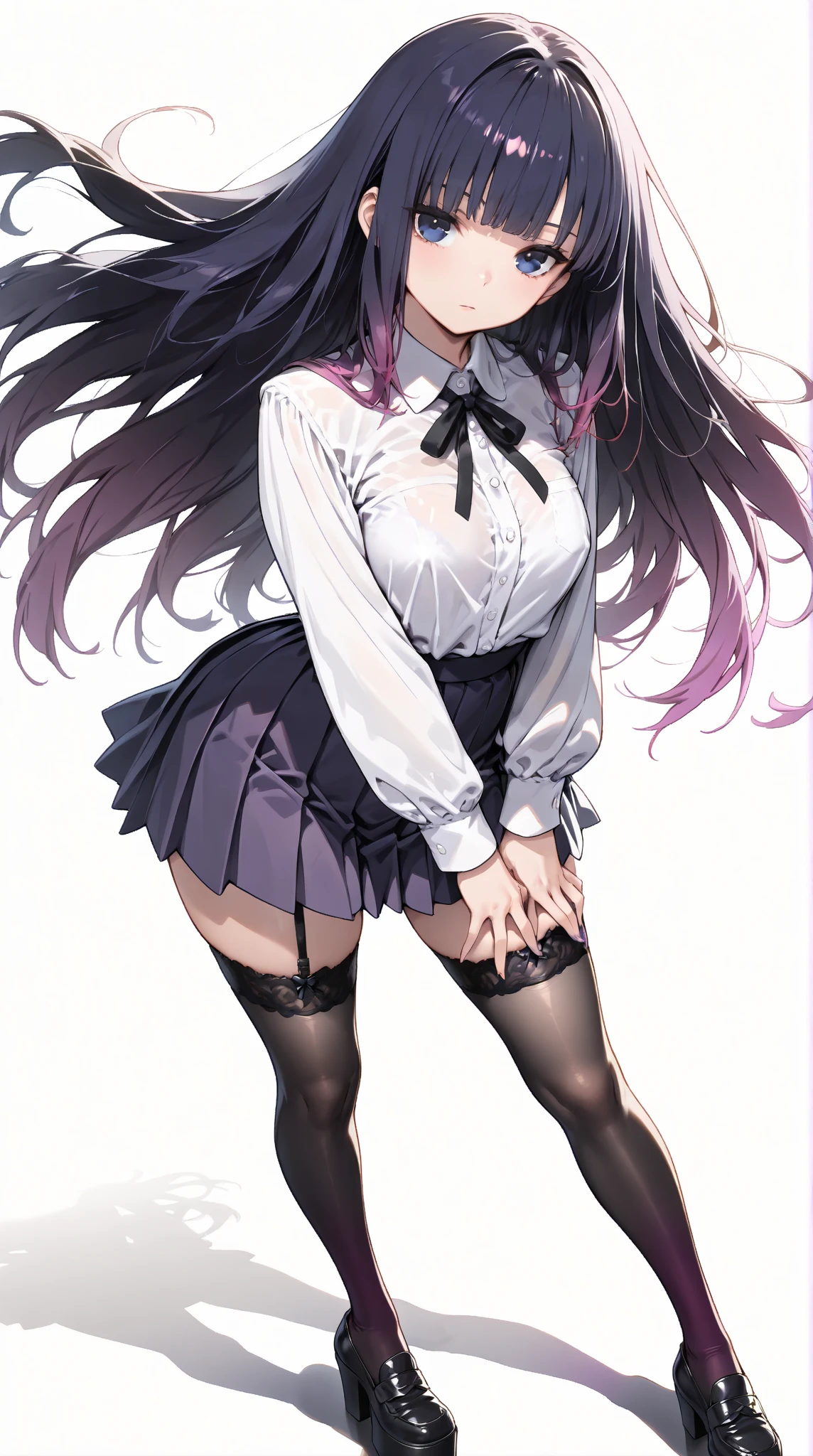 Black hair, twin tails, wavy hair、Girl、Glasses、Huge breasts、glamorous、Thick thighs、Formal Shirt、Purple short tie、(Pull down your black pleated skirt:2.0、Purple low rise panties:1.5、Camel toe:1.5、Absolute area、Black knee-high socks and garter belt)、Church flower bed、Shooting from below、looking at the camera、Close up on crotch:1.5