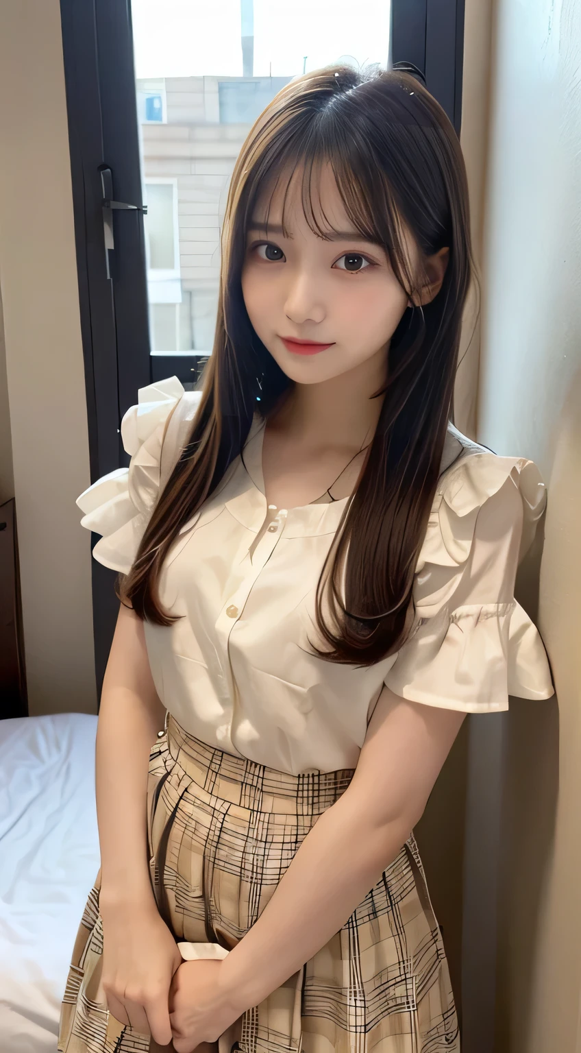 (8K、top-quality、masterpiece:1.2)、(realisitic、Photorealsitic:1.37)、ultra-detailliert、1womanl、 20yr old、独奏、((Beautiful ribbons))、(((A dark-haired)))、(A smile:1.15)、beautiful finely detailed eyes、(shirt with collar:1.1)、business clothes、(short-hair:1.2)、 (((Art Room)))、 picture frame