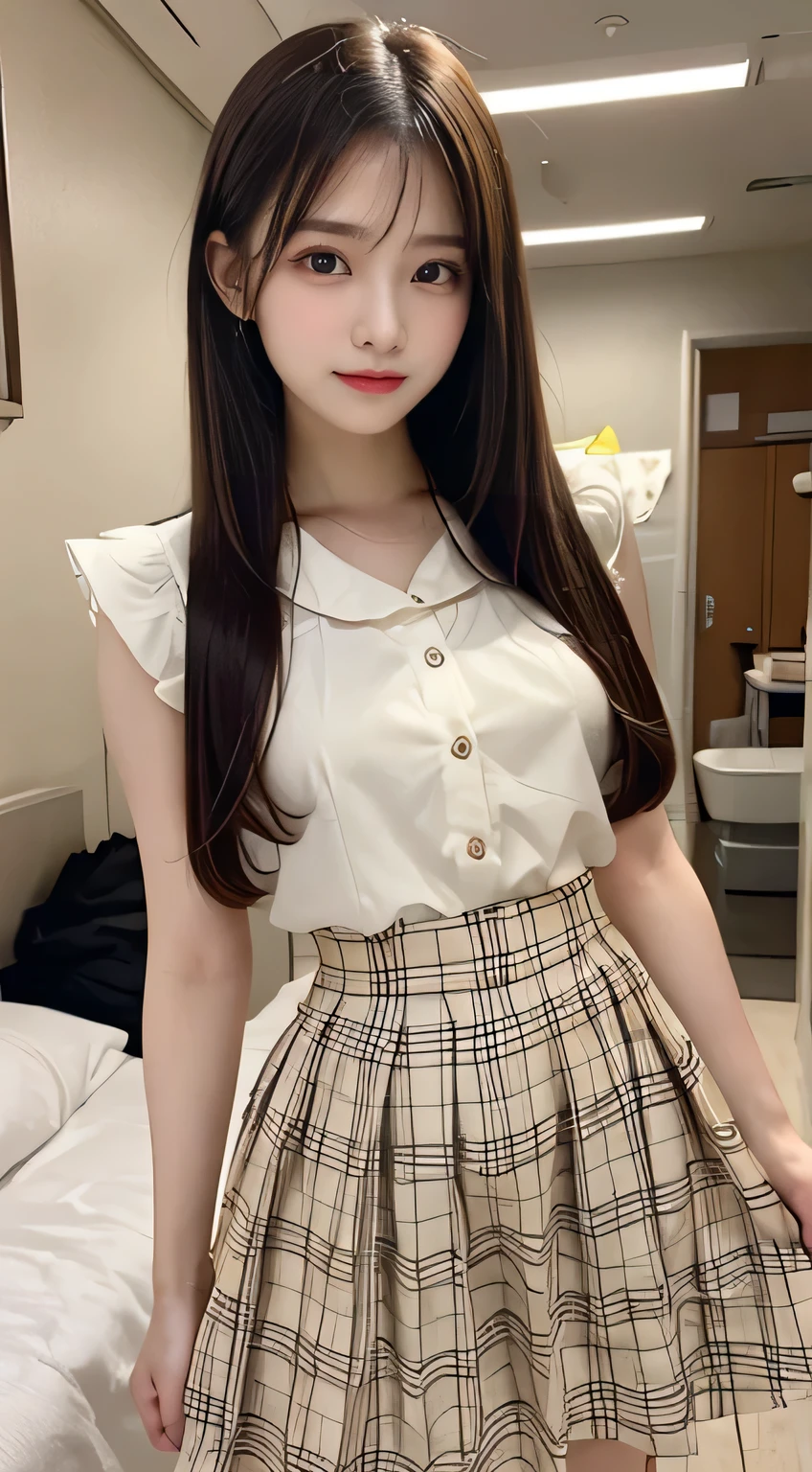 top quality, masterpiece 、 actual photo 、The most beautiful girl in the world 、 Cute looks、slender 、 Perfect Beautiful Face 、 perfect and beautiful eyes 、 perfect and beautiful double eyelids 、 Fashion Models 、 Cute looks、 light brown hair 、( high school student、 white skin、straight hair、 frill、 plaid midi skirt、 beige skirt、 high waist、 、is standing、bedroom:1.3)、Date
