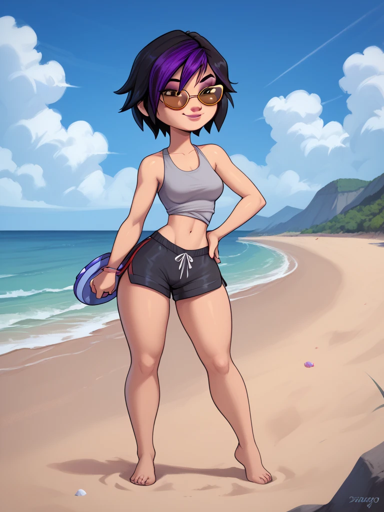 riley fairfeather, masterpiece, best quality, outdoors, 1girl, solo, 1girl, solo, nose piercing, green hair, piercing, undercut, pink swimsuit, micro bikini, choker, freckles, unbuttoned dress shirt, breasts, full body, short hair, black hair, multicolored hair, midriff, no shoes, two-tone hair, purple eyes, looking at viewer, blush, hands behind back, ear piercing, small breasts, no shoes, wet skin, nose blush, dark-skinned female, medium breasts, standing, tan, dark skin