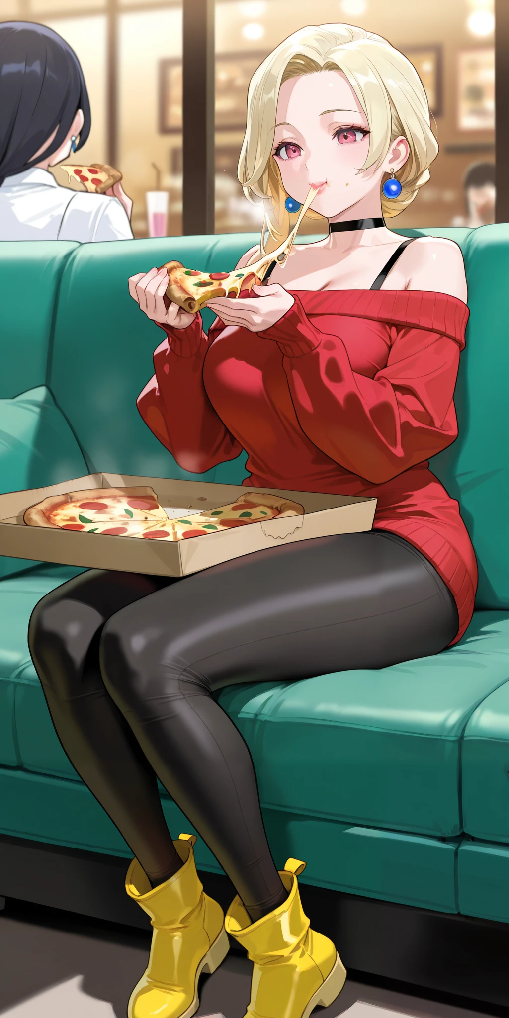 An extremely beautiful mature woman with blonde hair. She has extremely fair white natural skin, red plump lips, big pink eyes, and a perfect sexy yet slim body. She's wearing an oversized off-shoulder tube red sweater, tight black long leggings, bra straps over shoulders, earrings, a black choker, and yellow ankle boots. She's sitting with her on a couch, with beautiful smiles, looking at each other, eating pizza, and inside a restaurant. Show her full body.