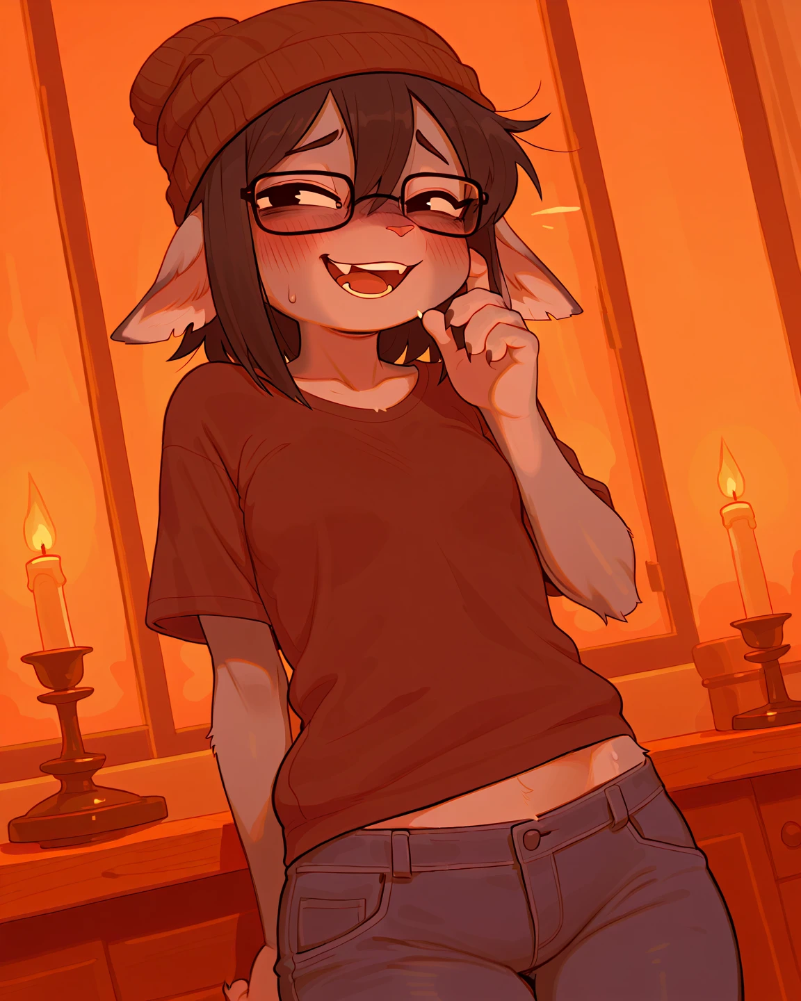 1girl,solamente,Chica duende,cabello negro, pelos cortos,Ojos rojos,piel coloreada,piel verde,pechos enormes,gafas,(presumido),sonrisa seductora,Sirvienta,pendientes de anillo,Choques,Mansion Kitchen,Disparo de vaquero,delantal, ((Delantal desnudo)),(sentada), en el mostrador,Soporte de armas,Noche,manos desnudas,botella de vino