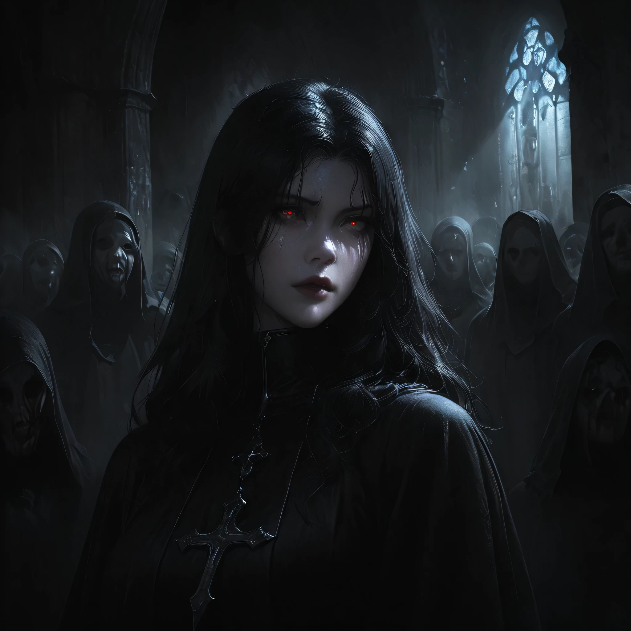 (high quality, Realistic, ultra detailed),blood nun,dark and gloomy atmosphere,old church with biblical windows,beautiful woman with piercing red eyes,1woman surrounded by ethereal spirits,eternal and deep darkness,penitent ghosts,group of humanoid spirits