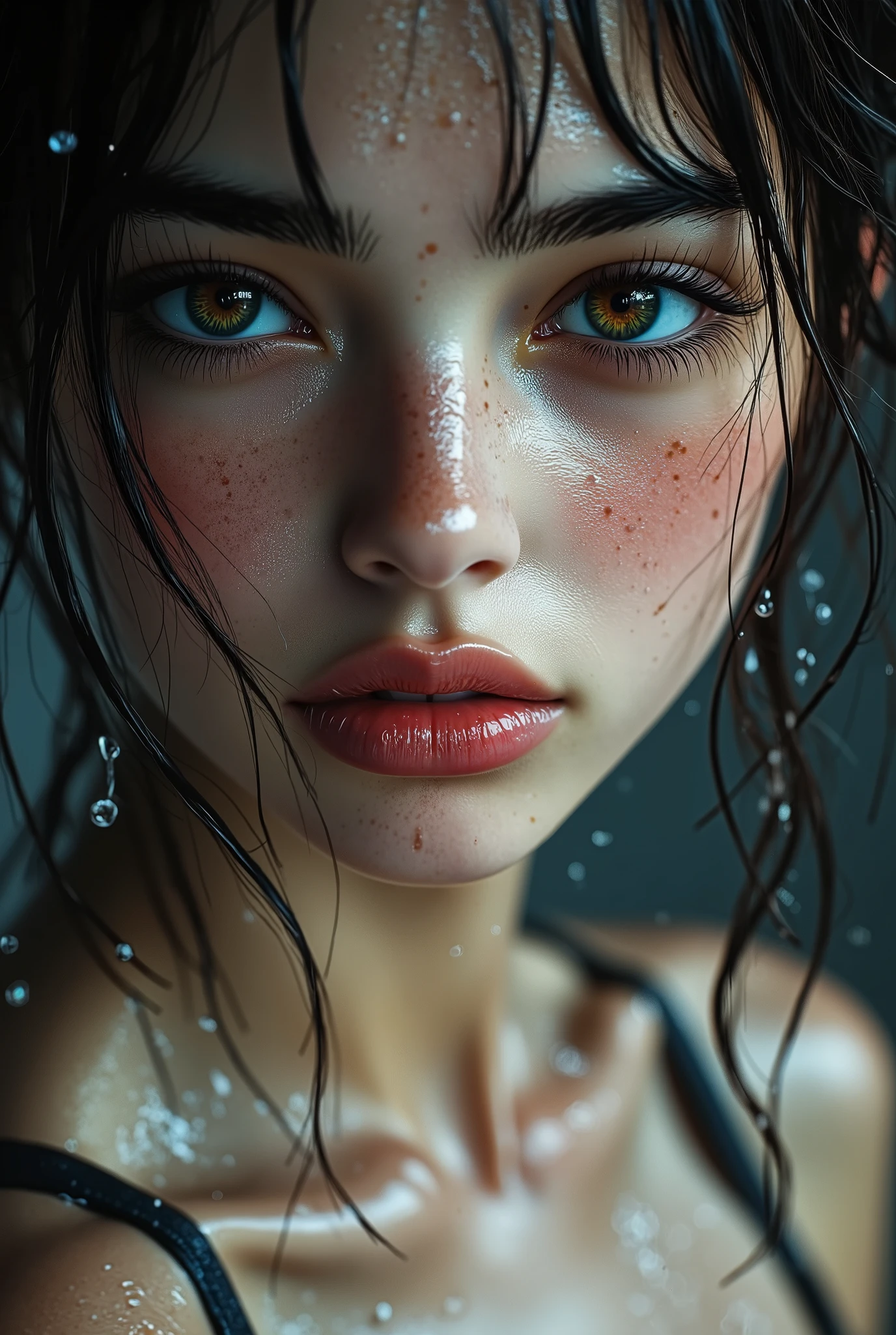  [Style: "masterpiece, realistic, Photorealistic realism, Hyper high resolution" - "(Hyper quality, intricate ultra-detailed digital art)"](Key Directive: "Ultra-sharp human eyes with biological accuracy"){ Character: "20-year-old Caucasian woman" | Face: - "wet, very water droplets, wet effect skin, wet effect shiny skin (subsurface scattering: 1.3), full lips (vertical lip wrinkles:0.7)" - "Eyes: (acid-resistant terminology) (macro-details:1.6): Moist corneal surface (visible aqueous layer:1.0) (Hyper-detailed iris, super sharp clarity ((brown)) with gold flecks) Precise limbal ring (slightly darker pigmentation:1.5) ((Pupil micro-texture (irregular edge authenticity:1.5)))" | Technical Specs: (Optics: - "Zeiss Otus85mm f/1.4 lens)" - "Shutter Speed:1/500 (freeze eye micro-movements)") (Post-Processing: "Selective sharpening: (eyes200%, hair80%") - "Denoise: luminance 80, color 40 (retain corneal specular)") | Hair: "((dark ((rain-straightened hair)), very wet effect hair:1.3)) down to the neck (wet heavy water droplets, soaked, dripping with water, creating light reflections: 0.6)]" | Pose: "dynamic walking stance, hips slightly tilted'' Outfit: [Top: "wet effect hot micro bikini (holographic two-piece swimsuit, extremely detailed)" [Bottom: "hot micro panties (holographic two-piece swimsuit, extremely detailed)"] Environment: "dark rain clouds in the sky, dripping heavy rain (in the evening)" - "((park alley in rainy weather (She is all wet, everything is wet and slippery from the pouring rain, water is running down her body and her hair is very wet:1.5)))" | Lighting: - "(Cinematic clarity and glowing street lights)" - "(Rim light from streetl ights:0.5)" "Specifications: (DPF: "deep, f/1.8, distinct garden in the background") (Post-production: "chromatic aberration: 0.8") (Rendering engine: "Unreal Engine 5 path tracing, 16K texture maps") }
