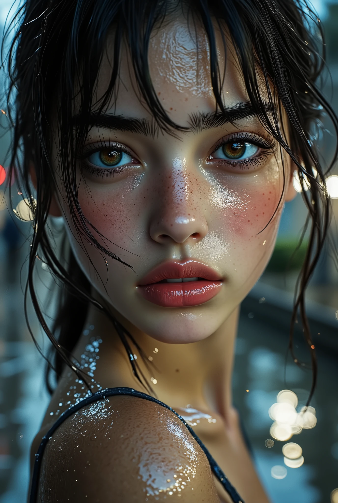  [Style: "masterpiece, realistic, Photorealistic realism, Hyper high resolution" - "(Hyper quality, intricate ultra-detailed digital art)"](Key Directive: "Ultra-sharp human eyes with biological accuracy"){ Character: "20-year-old Caucasian woman" | Face: - "wet, very water droplets, wet effect skin, wet effect shiny skin (subsurface scattering: 1.3), full lips (vertical lip wrinkles:0.7)" - "Eyes: (acid-resistant terminology) (macro-details:1.6): Moist corneal surface (visible aqueous layer:1.0) (Hyper-detailed iris, super sharp clarity ((brown)) with gold flecks) Precise limbal ring (slightly darker pigmentation:1.5) ((Pupil micro-texture (irregular edge authenticity:1.5)))" | Technical Specs: (Optics: - "Zeiss Otus85mm f/1.4 lens)" - "Shutter Speed:1/500 (freeze eye micro-movements)") (Post-Processing: "Selective sharpening: (eyes200%, hair80%") - "Denoise: luminance 80, color 40 (retain corneal specular)") | Hair: "((dark ((rain-straightened hair)), very wet effect hair:1.3)) down to the neck (wet heavy water droplets, soaked, dripping with water, creating light reflections: 0.6)]" | Pose: "dynamic walking stance, hips slightly tilted'' Outfit: [Top: "wet effect hot micro bikini (holographic two-piece swimsuit, extremely detailed)" [Bottom: "hot micro panties (holographic two-piece swimsuit, extremely detailed)"] Environment: "dark rain clouds in the sky, dripping heavy rain (in the evening)" - "((park alley in rainy weather (She is all wet, everything is wet and slippery from the pouring rain, water is running down her body and her hair is very wet:1.5)))" | Lighting: - "(Cinematic clarity and glowing street lights)" - "(Rim light from streetl ights:0.5)" "Specifications: (DPF: "deep, f/1.8, distinct garden in the background") (Post-production: "chromatic aberration: 0.8") (Rendering engine: "Unreal Engine 5 path tracing, 16K texture maps") }