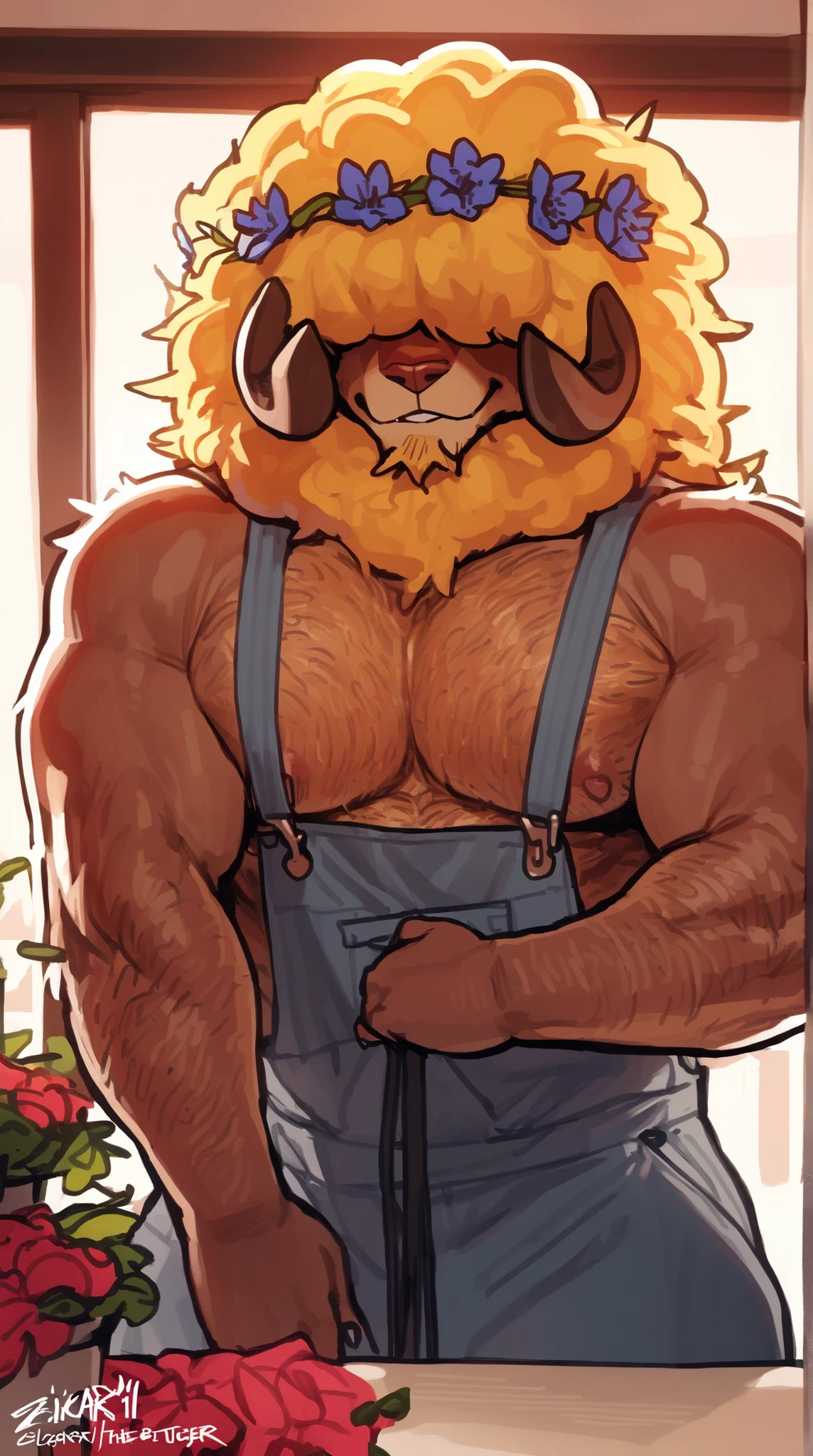 bara ram, full body, perfect anatomy, masterpiece, hunk, huge ram horns, florist, thin beard, dynamic light, blond afro haircut, afro covering the eyes((, the hair is covering the eyes, flower crown on the head):1.1), hair shoulders, hairy chest, wide shoulders, muscular neck, hairy arms, solo, great lighting, by bebebebe, by ZIXiong, by zackary911, by SligarTheTiger, by RED8EAN, white outline, very detailed face, solo, working in a flower shop, detailed face expression, looking at the viewer, florist outfit, denim work overalls, holding flowers