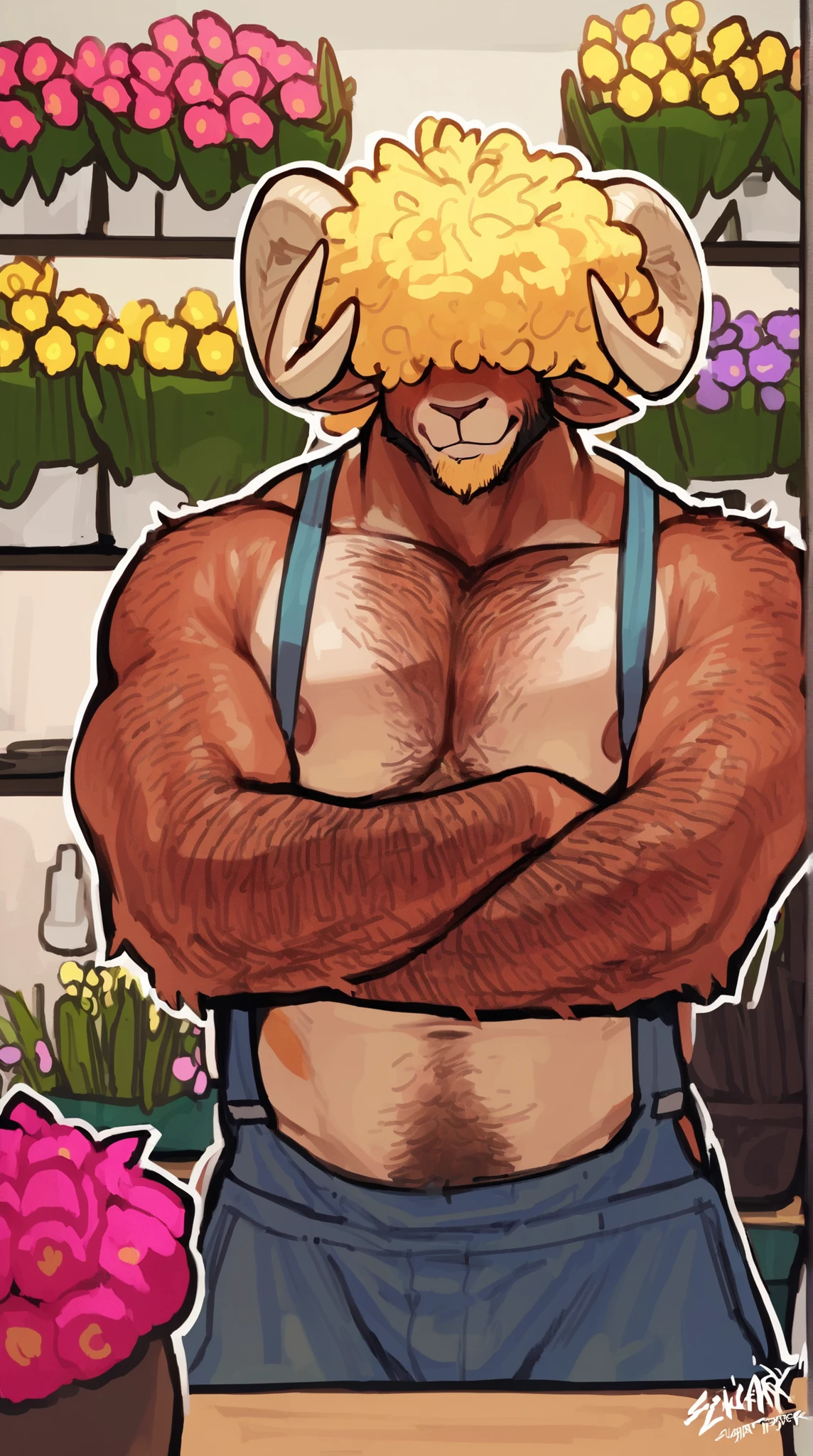 bara ram, full body, perfect anatomy, masterpiece, hunk, huge ram horns, florist, thin beard, dynamic light, blond afro haircut, afro covering the eyes((, the hair is covering the eyes, flower crown on the head):1.1), hair shoulders, hairy chest, wide shoulders, muscular neck, hairy arms, solo, great lighting, by bebebebe, by ZIXiong, by zackary911, by SligarTheTiger, by RED8EAN, white outline, very detailed face, solo, working in a flower shop, detailed face expression, looking at the viewer, florist outfit, denim work overalls, holding flowers