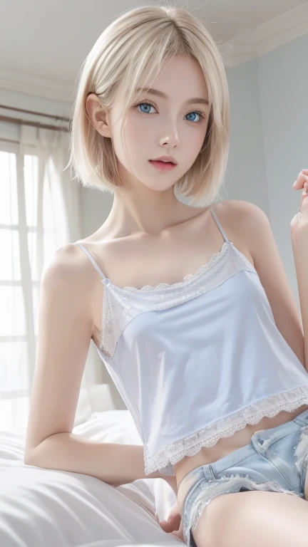 (8k、top-quality、masterpiece:1.2)、ultra-detailliert、女の子 1 人、cute little、soio、Beautiful detailed sky、Detailed Cafe、natta、sitting on、date、(Nasal blush)、 (a smile:1.15),(Closed)small tits,Beautiful fineness,(shirt with collar:1.1),natta,Wet,Business Wear,Sateen,White lace,(short-hair:1.2),Floating Hair NovaFrogStyle,