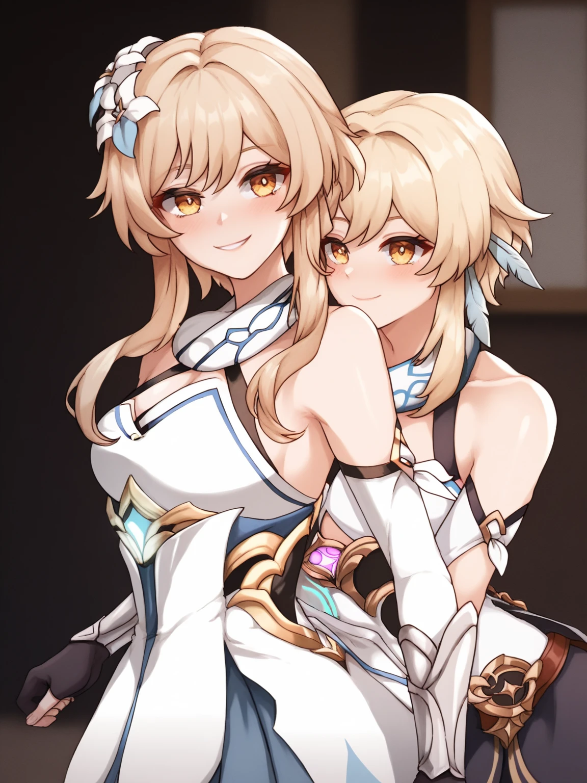 anime characters are hugging and posing for a picture, genshin, characters from azur lane, wlop and sakimichan, keqing from genshin impact, white cyan, cushart krenz key art feminine, anime cover, genshin impact character, genshin impact, from the azur lane videogame, epic light novel art cover