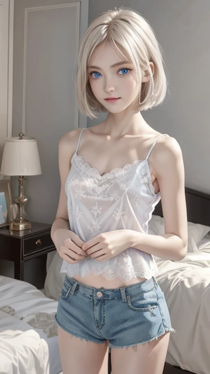 NSFW,Best Quality, ultra-detailliert, absolutely resolution,and delicate facial expressions、a blond,((Cute camisole))、(12year old)、8K、((looking at the viewers))、(Lying in bed)、Side Angle、Wide open crotch、a small face、(lean and slender body)、tiny chest、Small and dirty room、White underwear、Wet underwear、Cotton panties、natta、darkened room、Small window、((Late night cityscape seen from the window))、Pink lighting、Japan's Red Light District、Prostitutes、(skin glistening with sweat)、(Sexually aroused face)、14mm prime lens,Focus on the foreground eye