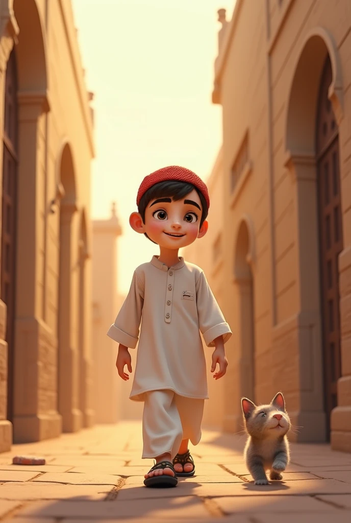 25 year old Indonesian youth, wearing a white kopyah with a prayer mat around his neck wearing a long-sleeved white shirt with the words "RubyART", wearing trousers and flip-flops going to the mosque riding a large kitten. The mosque background is magnificent and coolmidday. high quality