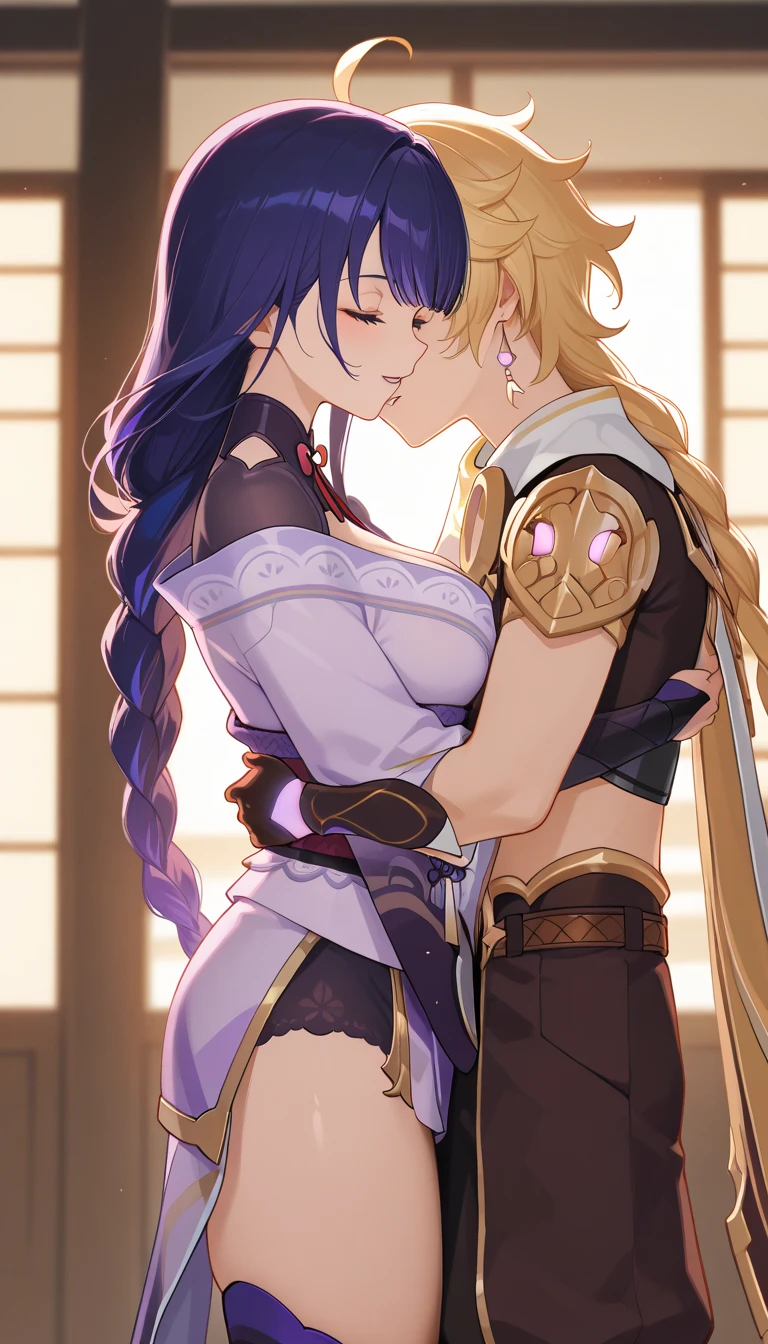 anime couple, aether and raiden shogun kissing, soft kiss, 1boy 1girl, tall Women, cute, loving, peck, detailed faces, detailed hair, masterpiece, best quality, aether yellow hair\(genshin impact\), {{{masterpiece, electricity:1.4, pixiv fantasia}}},pov, raiden shogun, long hair, large hair, purple hair, multicolored hair, kimono, hair ornament, hair flower, purple eyes, parted lips, expressionless, looking at viewer, dynamic pose, large breasts, (Sexy 16-year-old girl and 20-year-old man) ((spooning with 1 man with yellow hair )), covered by a blanket, (warm lighting), (intimate atmosphere), (bedroom scene)), camisole, medium hair, (cleavage), (romantic mood), (soft focus), (medium breasts), (subtle facial expression), sweating WITH A MAN, KISSING A MAN. The man is touching her ass sensually. The man has his nose between her breasts, and is licking her breasts. Romantic. She has a guilty expression, a sad expression. A regretful and lustful expression, high quality fanart, best quality,