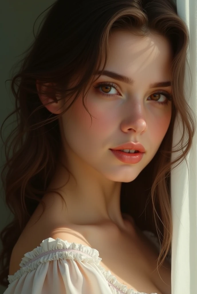 (((ultra realistic))) Photo, masterpiece, top quality, (pale skin), (Ultra detailed face and eyes:1.3), 1 girl, Adult, in a T-shirt, (Eye makeup, mascara) , ((large detailed lips)), ((ash wavy hair)), ((Chyolka)) , (Natural breasts), Slim waist. ((Posing)), photoshoot, studio (soft lighting), (The play of light and shadows), depth of field, bokeh, (special attention to skin detail: 1.2), Detailed leather texture, skin pores. (Airy atmosphere of the frame. Color range - delicate, Bright, white, Pink tones), UDR, ((Film grain)), ((rays)), ((glare of the sun)), ((waist up portrait, close to the camera)) , ultra detialed, showing her breasts perfect breast full nude