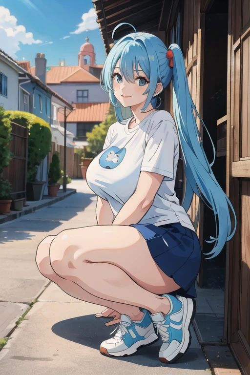 1 girl, alone, nejire hado,nejirehadou, long hair, blue eyes, very long hair, blue hair, (bright pupils: 1.5), smile, (beige ribbed sweater: 1.4), bare legs, standing, outdoors , city , (cowboy shot: 1.5), (masterpiece: 1.2), best quality, high resolution, Unity 8k wallpaper, (artwork: 0.8), (beautiful detailed eyes: 1.6), extremely detailed face, perfect lighting, extremely detailed CG (perfect hands, perfect anatomy), large breasts, medium waist, wide hips, medium thighs, round butt, facing viewer, head on, pov (from below), sexy body, perfect hands, perfect anatomy ,