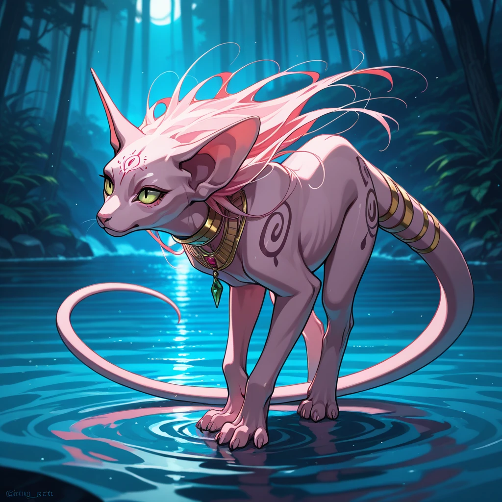 (masterpiece), best quality, solo, creature focus, Sphynx cat Ancient Creature of the Lake with sea-green rich-pink white and dark-blue color palette