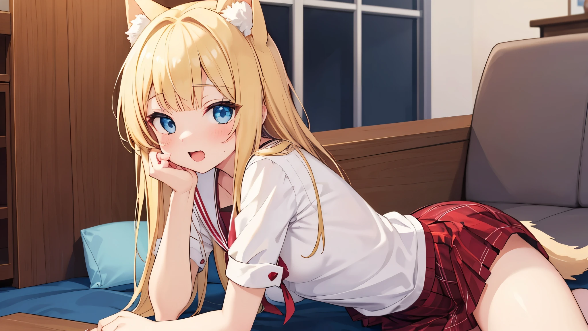 ((masterpiece)), ((best quality)), (ultra-detailed), anime style, on the bed, a cute girl, 1girl, solo, gym shorts00, ((beautiful eyes)), smile