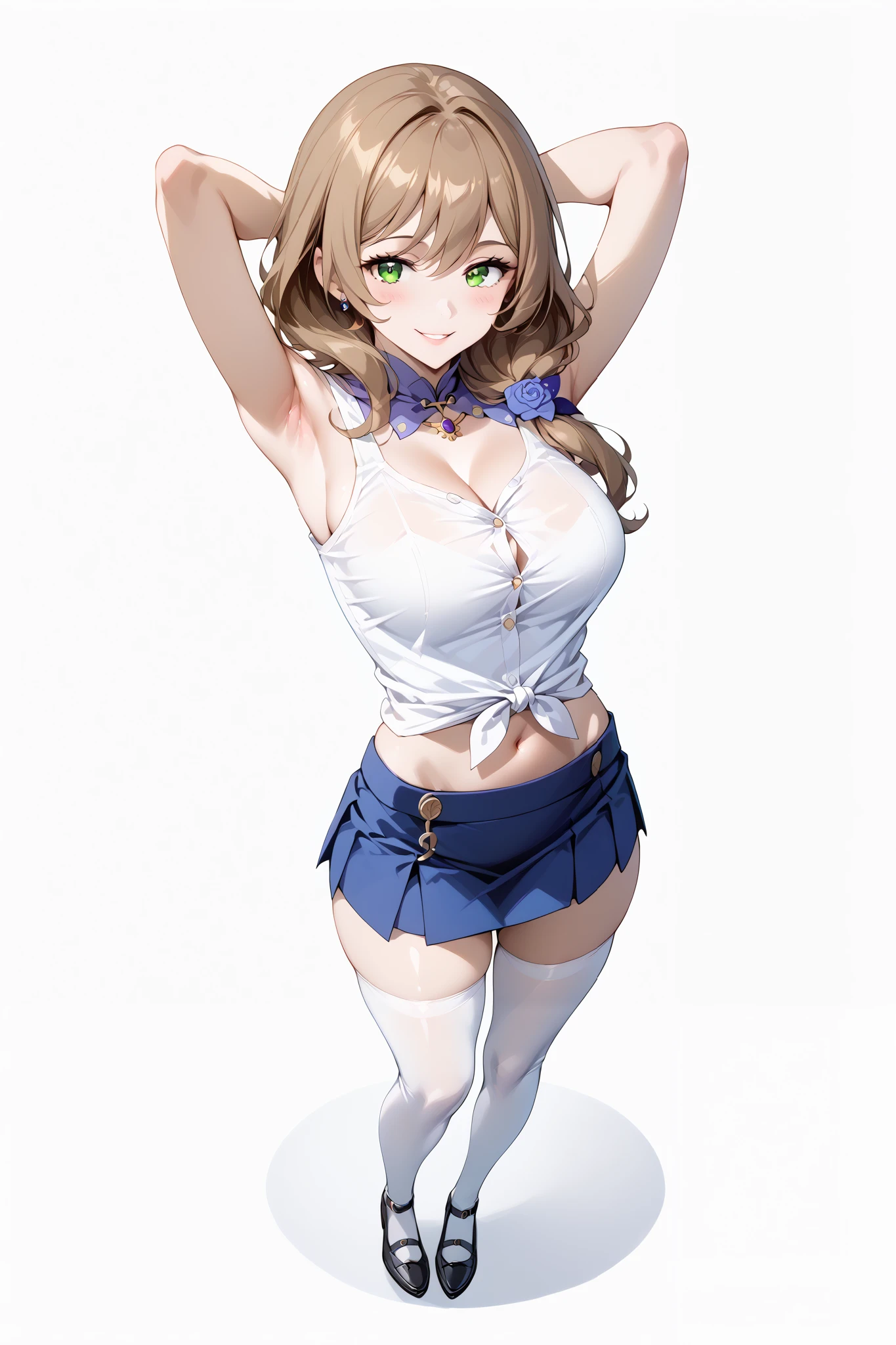 score_9, score_8_up, score_7_up, source_anime, 4K,perfect fingers,(perfect hands, perfect anatomy),prefect lighting, very aesthetic, intricate details,highly detailed background, masterpiece, high quality, best quality,
1girl,lisaminci, lisa minci, brown hair, green eyes, long hair, low tied hair, large breasts,,
wearing ((Sexy white micro buttoned tank top,sleeveless,navy blue mini skirt,skirt,,white thighhighs, )),
standing, ((arms behind head:1.5)), ((White plain background:1.5)) , ((fullbody:1.5)),((Seductive smile)),((top view:1.5)),looking at viewer,