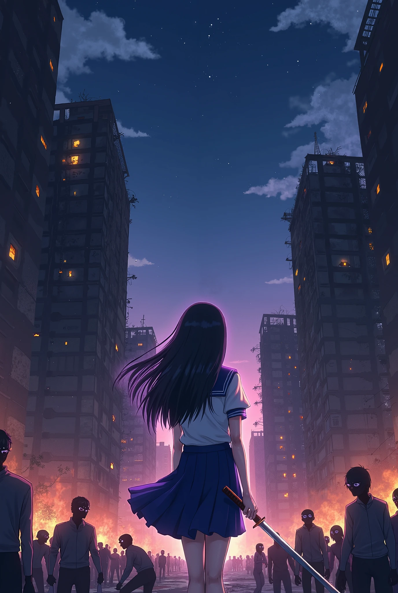 Anime girl walking in a city with a sword in her hand - SeaArt AI