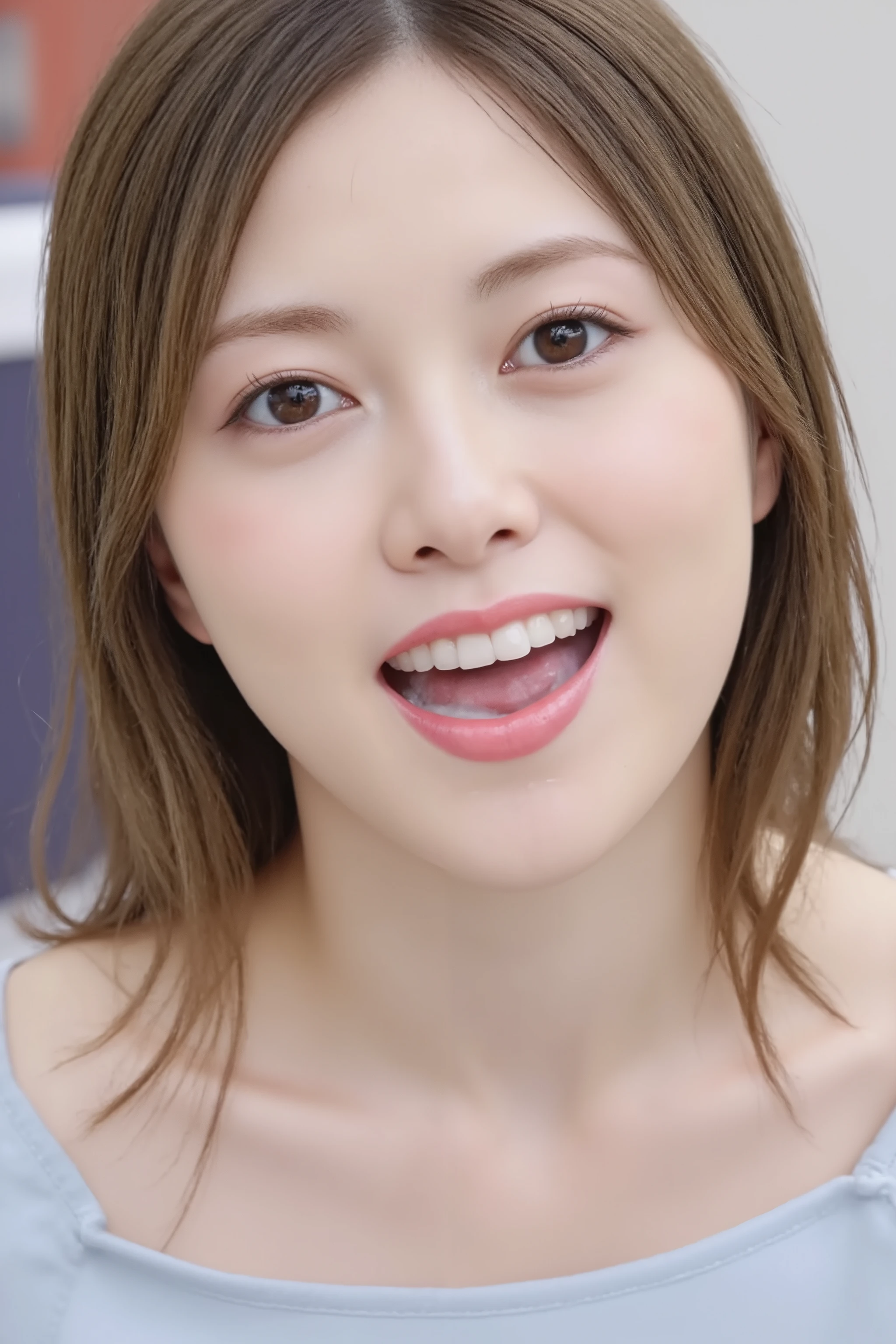 The high resolution photograph of a young Japanese female idol named kakki, solo, 1girl, wearing a off-shoulder dress, face focus, close-up of face, looking at the camera, pale skin, detailed face, detailed eyes, seductive eyes, natural make-up,
(open mouth, cum in mouth after blowjob, drooling cum), indoors,