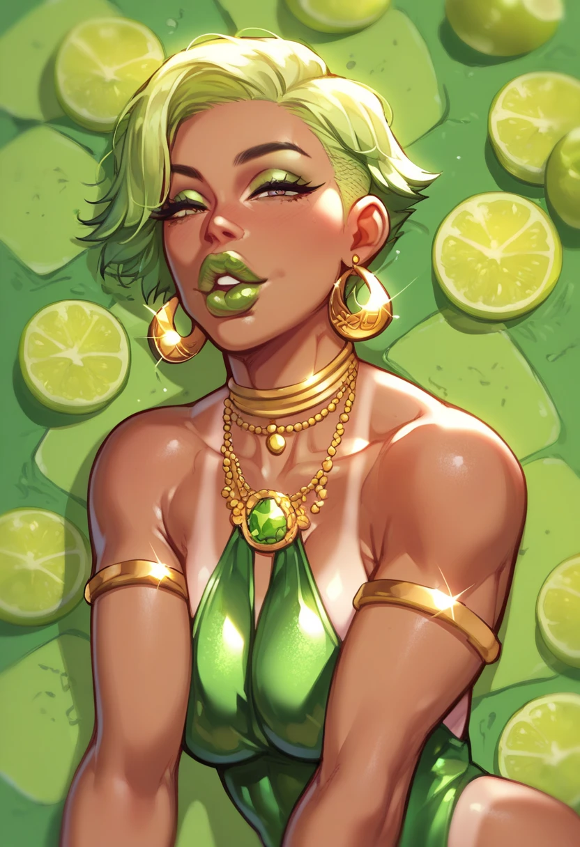 1 female, perfect, best quality, highres, black girl ,tan lines , light lime green short hair ,, , lime green lips, big lips, she is horny, horny face, long thight reveling dress covered in gold and other jewelery , jewelery
