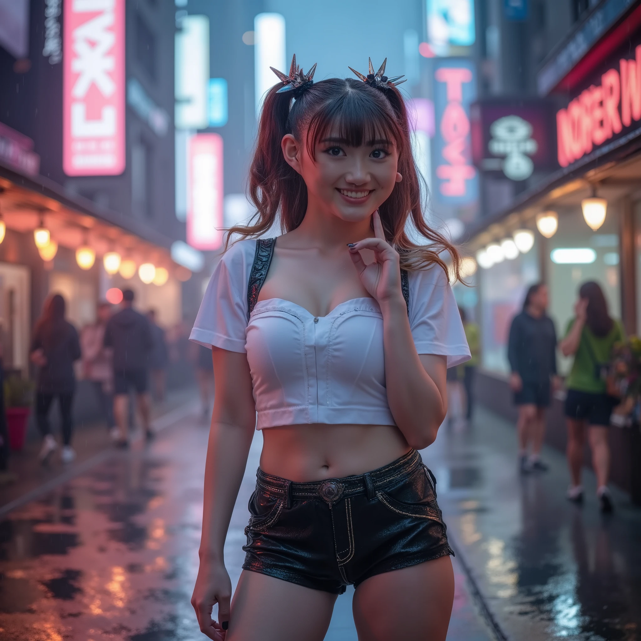 (nsfw).Detailed Background, masterpiece, Highest quality, smile, Nakiri Ayame, Striped Hair, Demon Horns, Gray Hair, twin bun, Red eyes, smile, hoodie, Portraiture, neon, graffiti, dark, night, Glowing Eyes, Black light