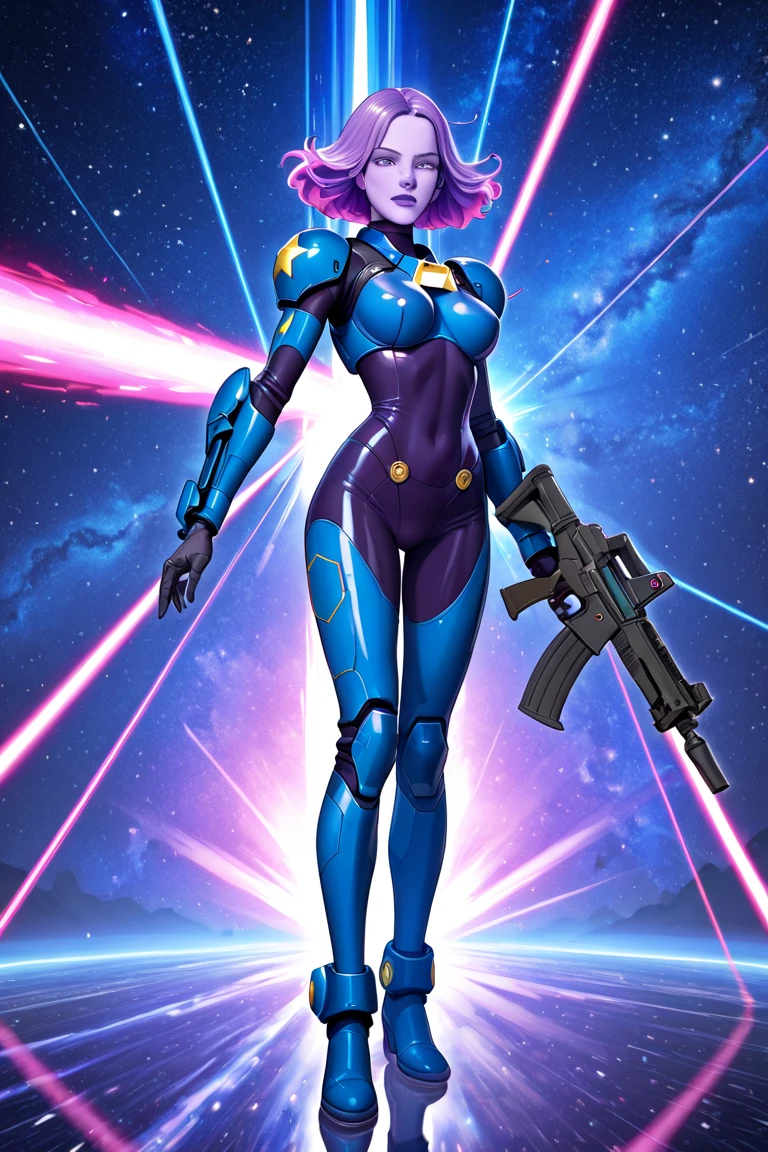 Luciwilde is a sexy cyborg with a entirely electric purple metallic body(obviously mechanical), metal helmet stylized as a fashion model hairdo (no hair visible), and a completely human face. She is flying through space propelled by jets in her feet. She has a guitar with a laser rifle built into it. Full body shot, show all of her, action pose with her weapon, best quality, extreme attention to detail, beautiful face
